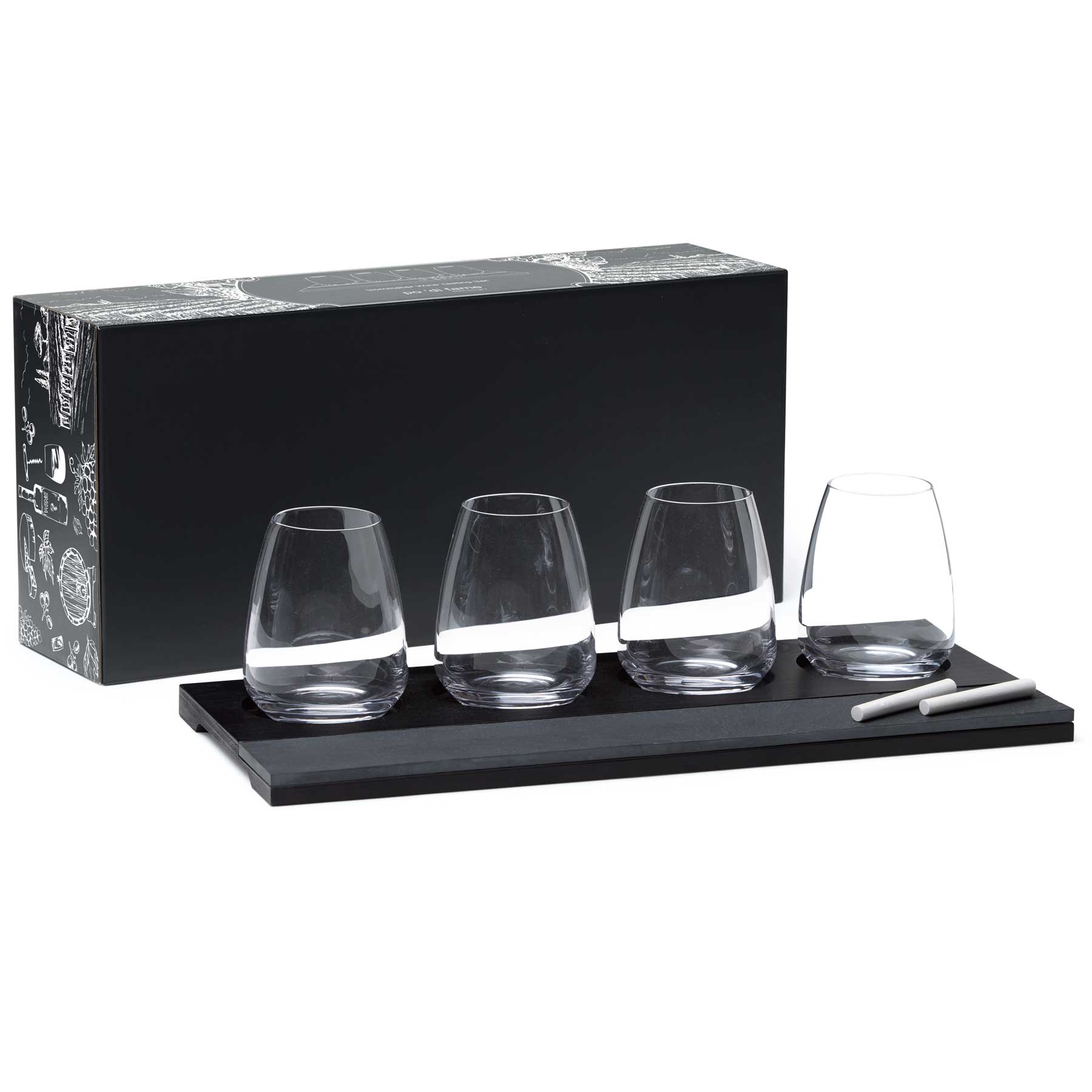 A wine tasting set featuring four clear glasses on a black wooden tray, accompanied by a chalk pen and packaging. Sommelier Wine Tasting Set - Image 1