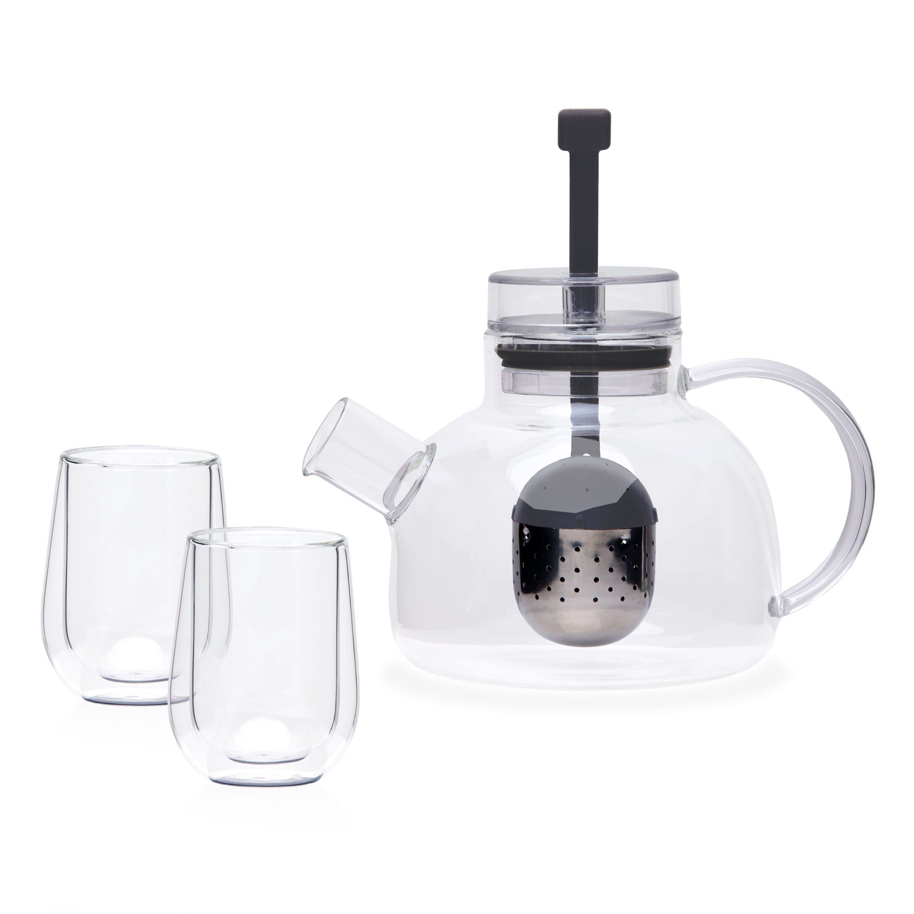 A clear glass teapot with a mesh infuser and two matching glass cups. The design is sleek and modern. Tea For2 Set - Image 1