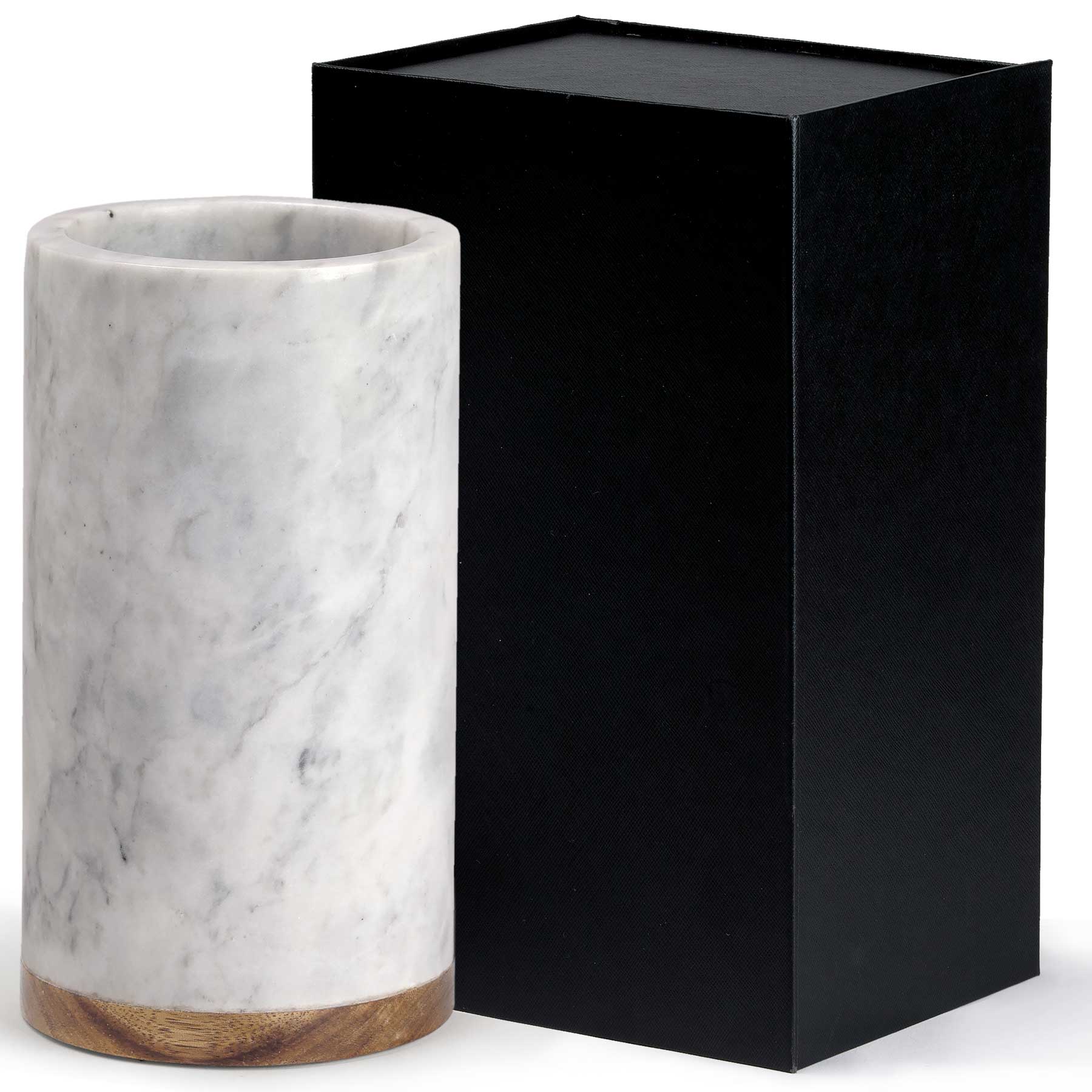 A drink bottle cooler in marble finish with a wooden base, accompanied by a black box packaging. Vino Marble Cooler - Image 1