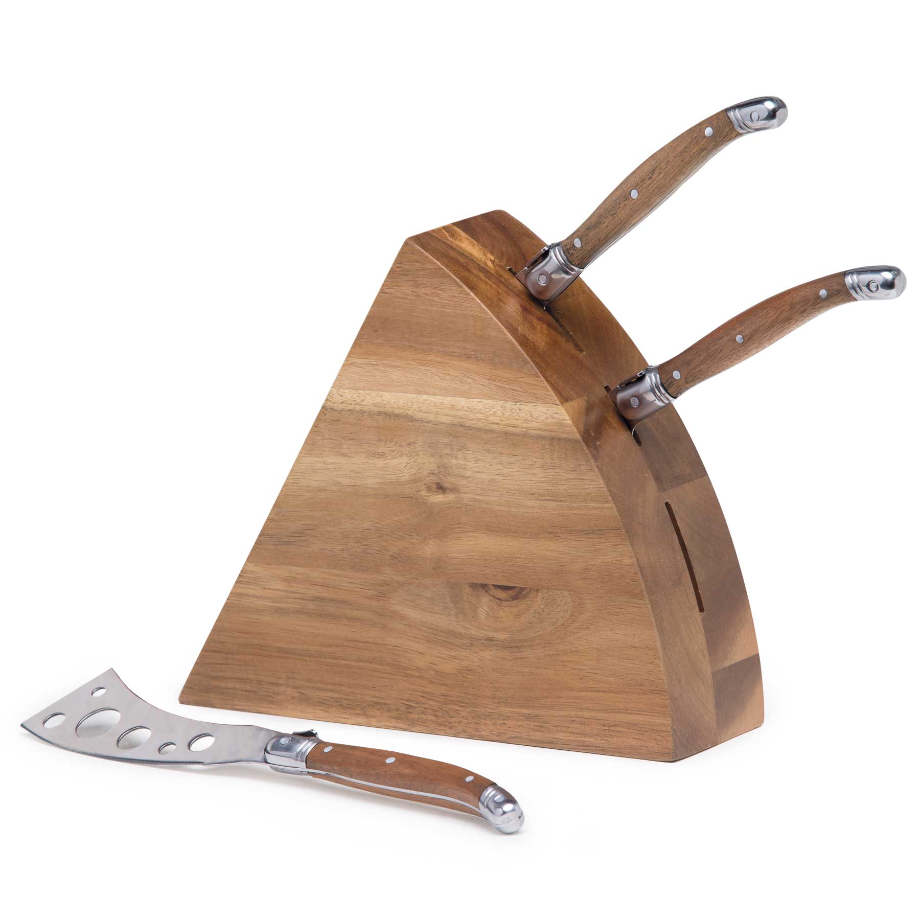 A wooden cheese knife block set in a wedge shape, featuring two stainless steel knives with wooden handles. Wedge Cheese Knife Block Set - Image 1