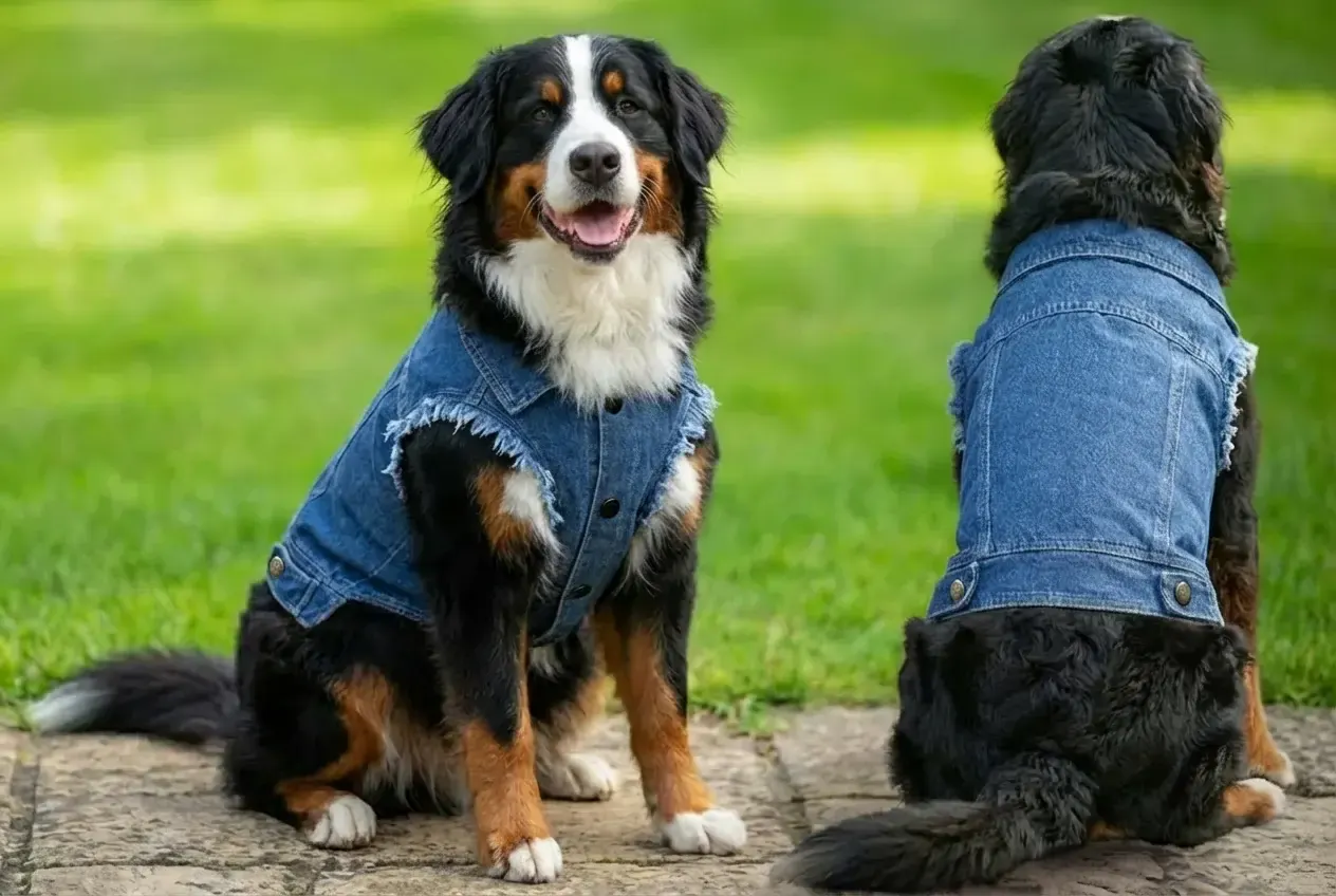 A denim jacket for dogs in blue, featuring a frayed hem and buttons, with a dog posed from two angles. Dog's Denim Jacket - Image 1
