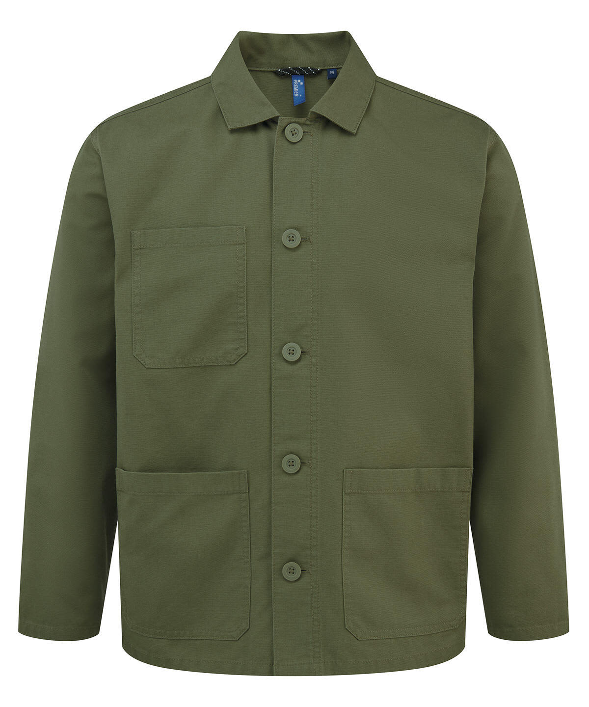 An olive green chore jacket featuring a button-up front and two large front pockets. It has a logo on the label. Utility 2.0 Chore Jacket - Image 1