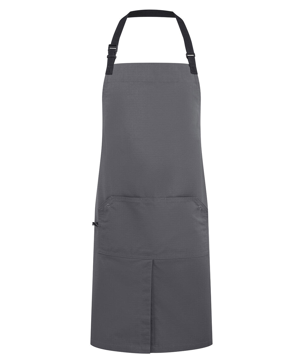 A grey utility apron with an adjustable neck strap and a large front pocket. Features branding on the fabric. Utility 2.0 Ripstop Apron - Image 1