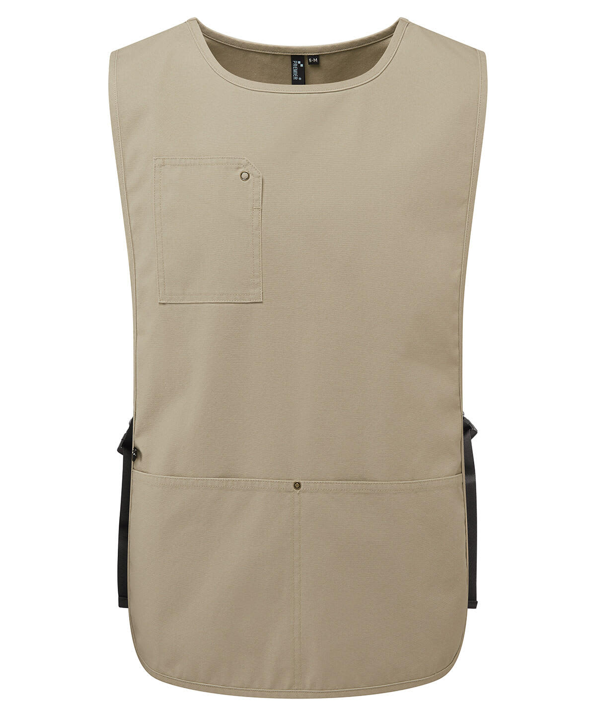 A tan utility vest apron featuring a front pocket and two lower pockets, with a black adjustable waistband. Utility 2.0 Vest Apron - Image 1