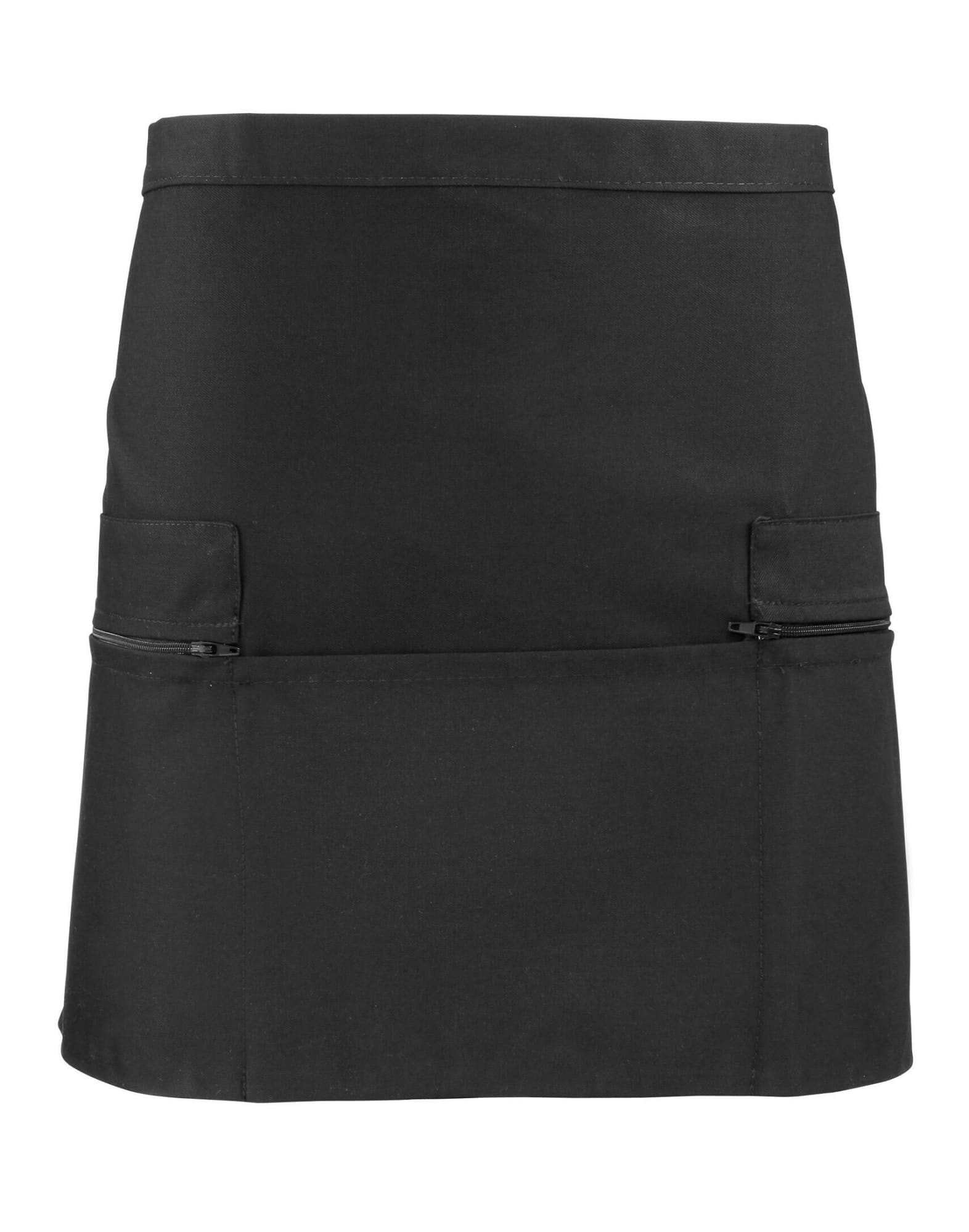 A black waist apron featuring two front pockets and a sleek design, with a branding logo present. Waist Apron - Image 1