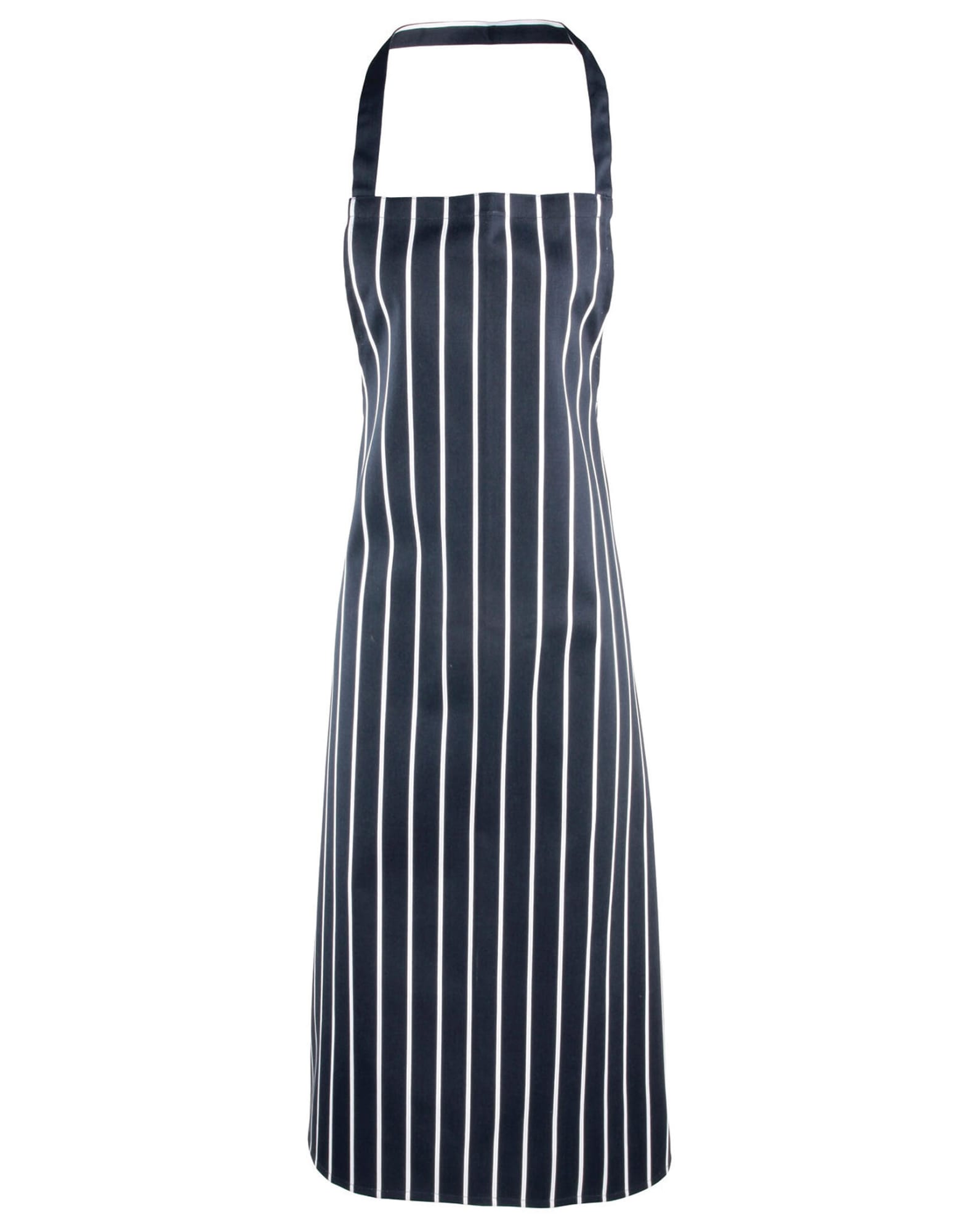 A striped bib apron in navy blue and white, featuring a classic vertical stripe design and a logo. Striped Bib Apron - Image 1