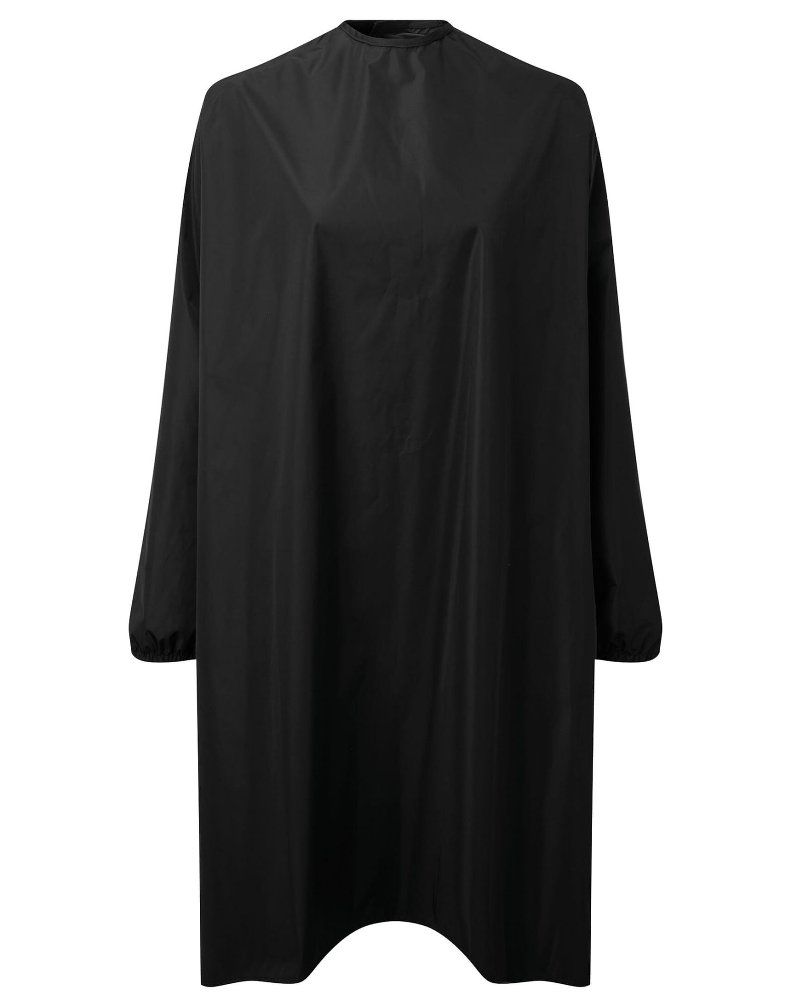 A black waterproof salon gown with long sleeves and a high neckline, featuring a logo. L-S Waterproof Salon Gown - Image 1