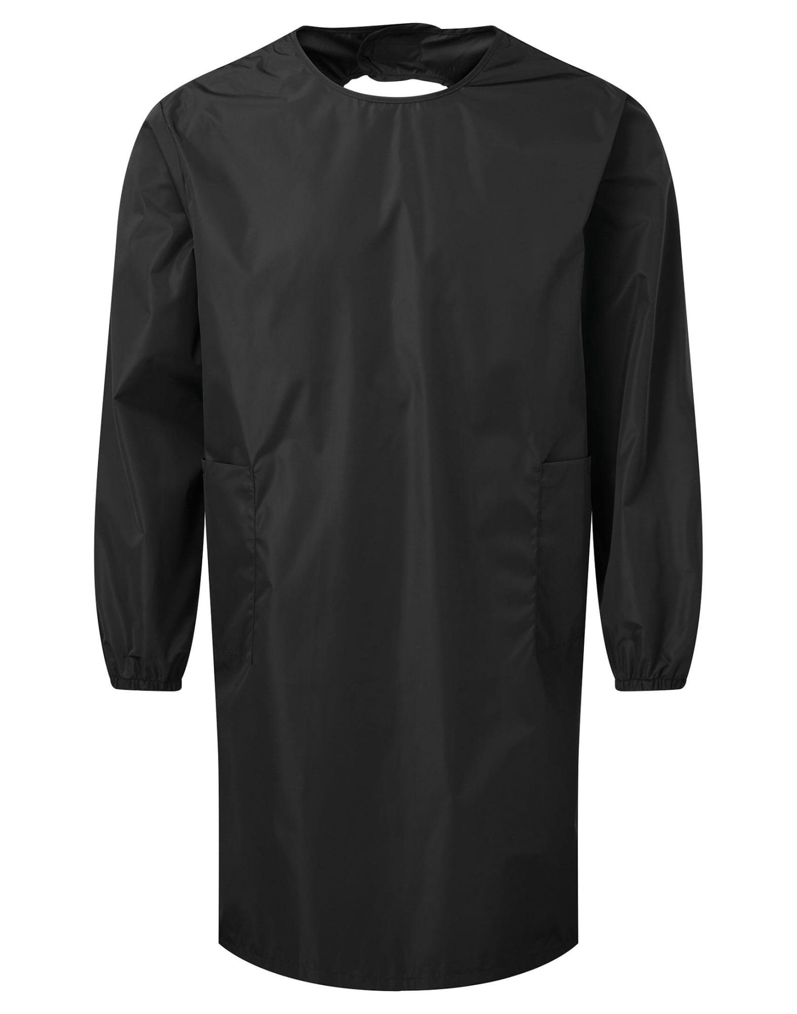 A black all-purpose waterproof gown with long sleeves and side pockets, featuring a crew neckline and a logo. All-Purpose Waterproof Gown - Image 1