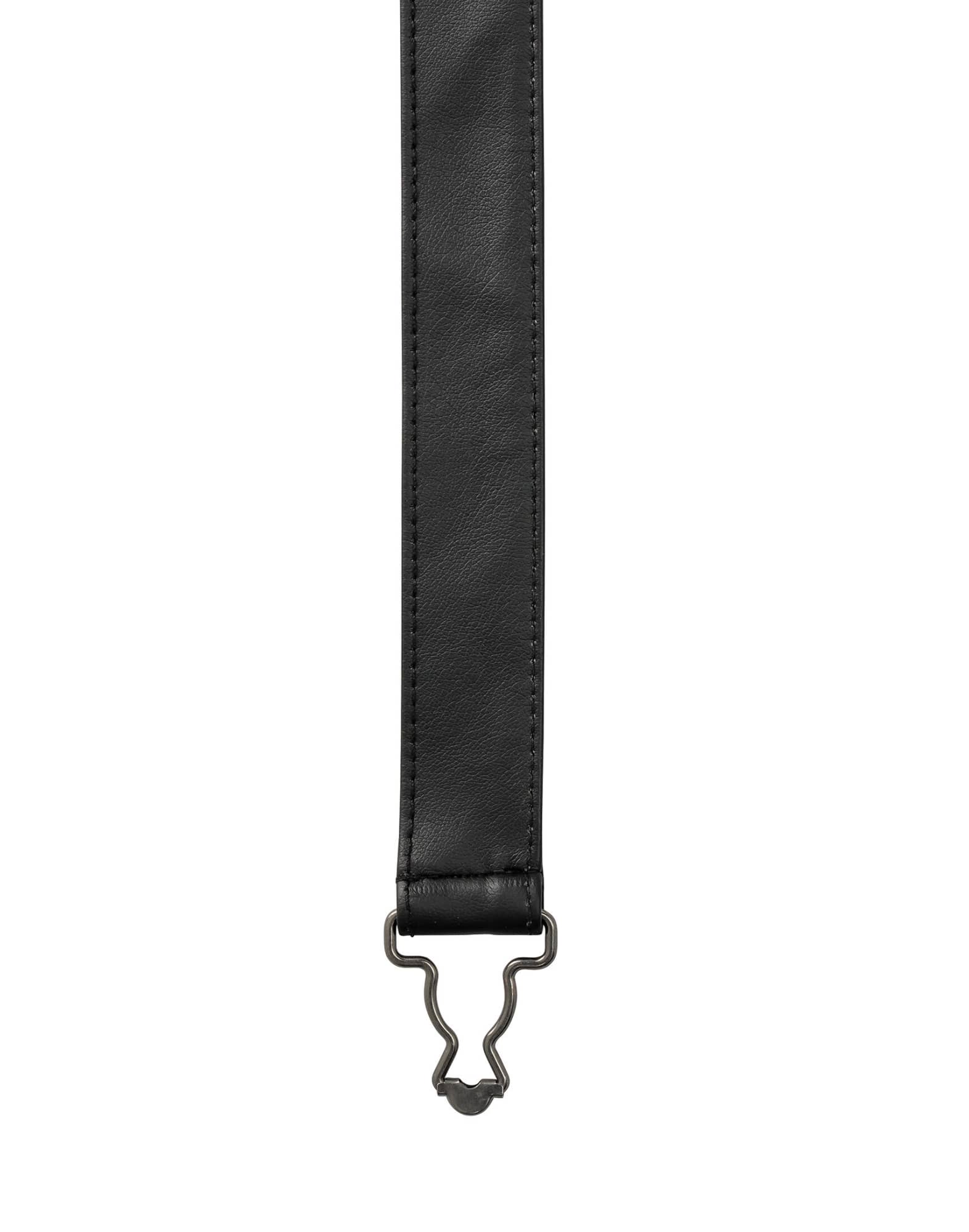 A black interchangeable apron strap with a metal clasp. The strap features a smooth finish and stitching. Cross Back Interchangeable Apron Straps - Image 1