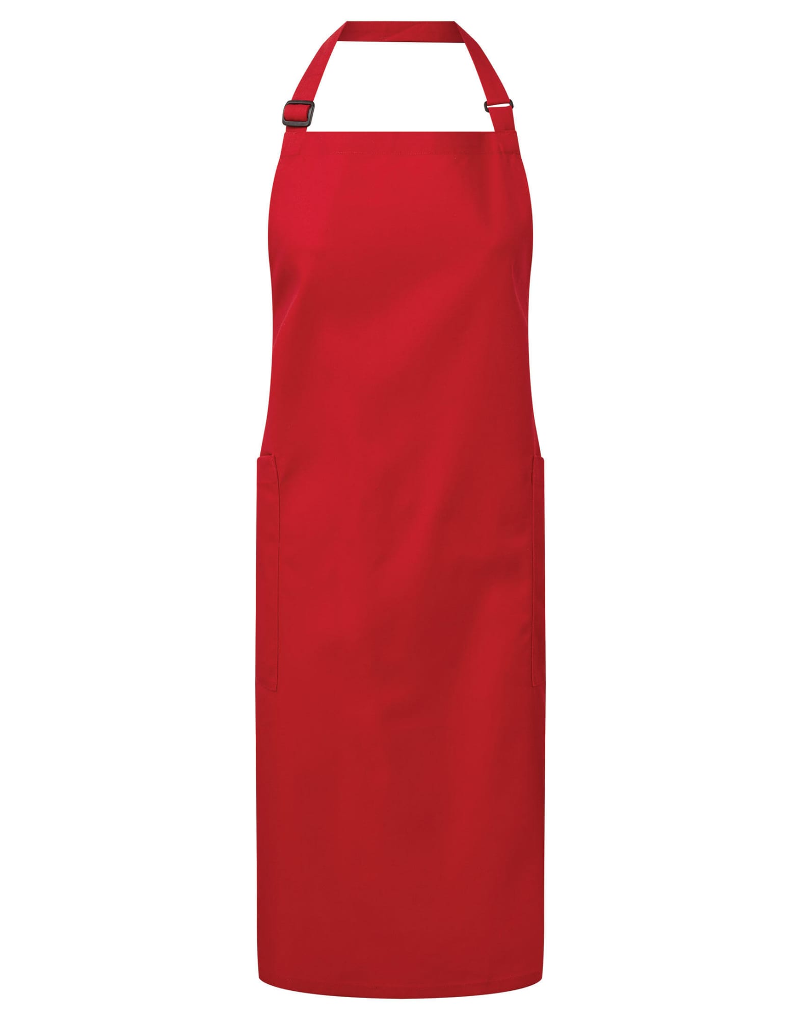 A red apron made from recycled polyester and organic cotton, featuring a tie neck and side pockets. Recycled Polyester & Organic Cotton Apron - Image 1