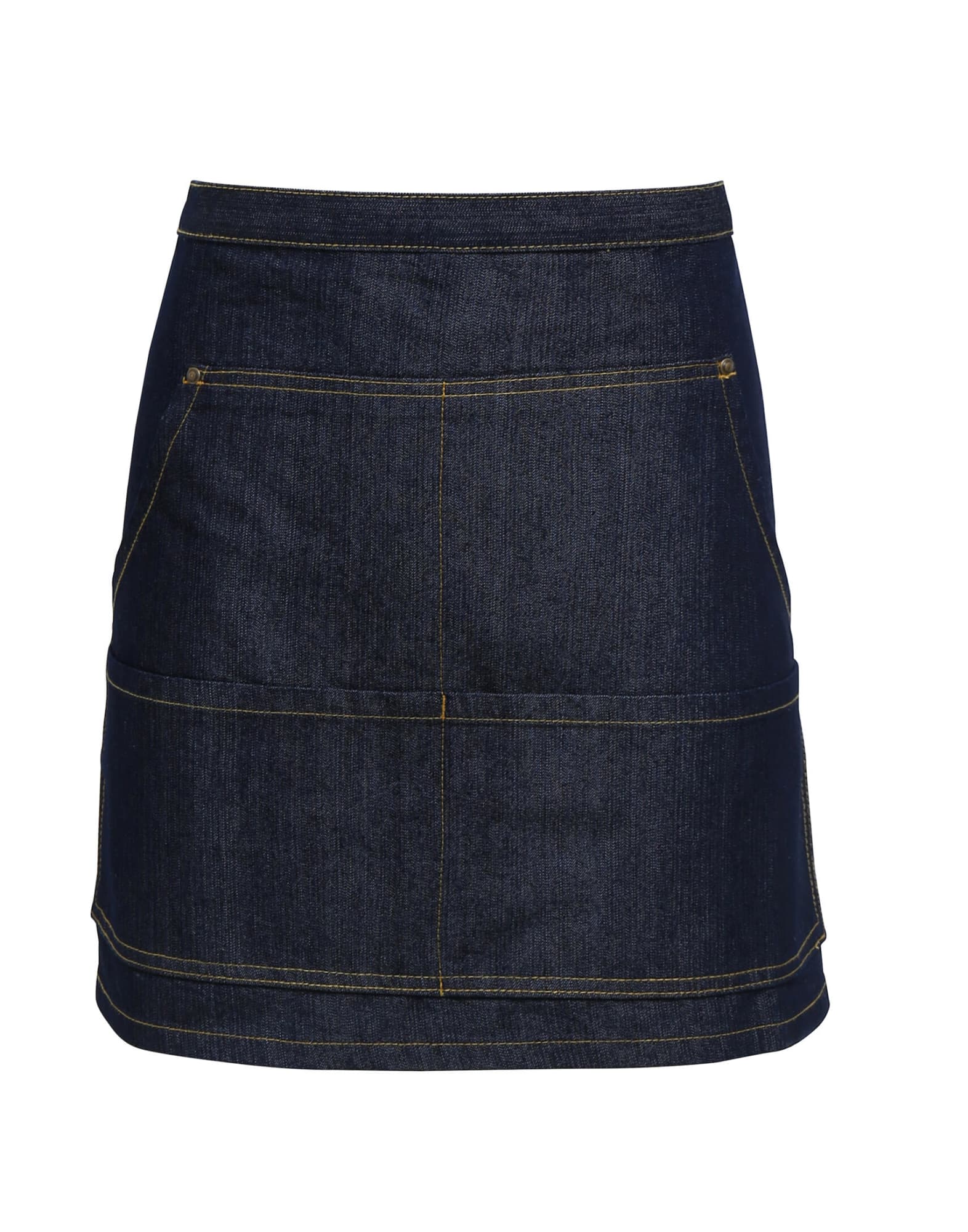 A denim waist apron featuring a dark blue colour and visible stitching details, with two front pockets and a logo. Jeans Stitch Denim Waist Apron - Image 1