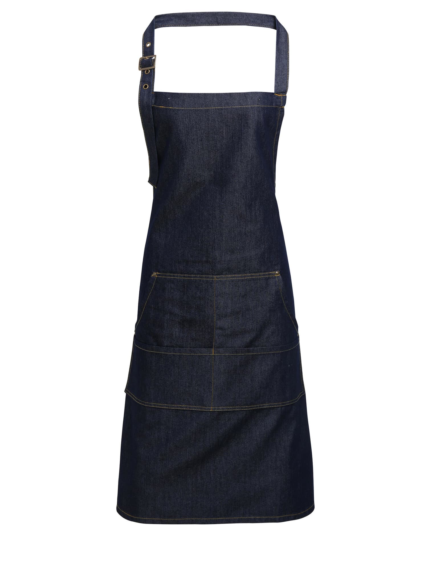 A denim blue apron featuring multiple pockets and a strap, designed for workwear. It includes a branding logo. Jeans Stitch Bib Apron - Image 1