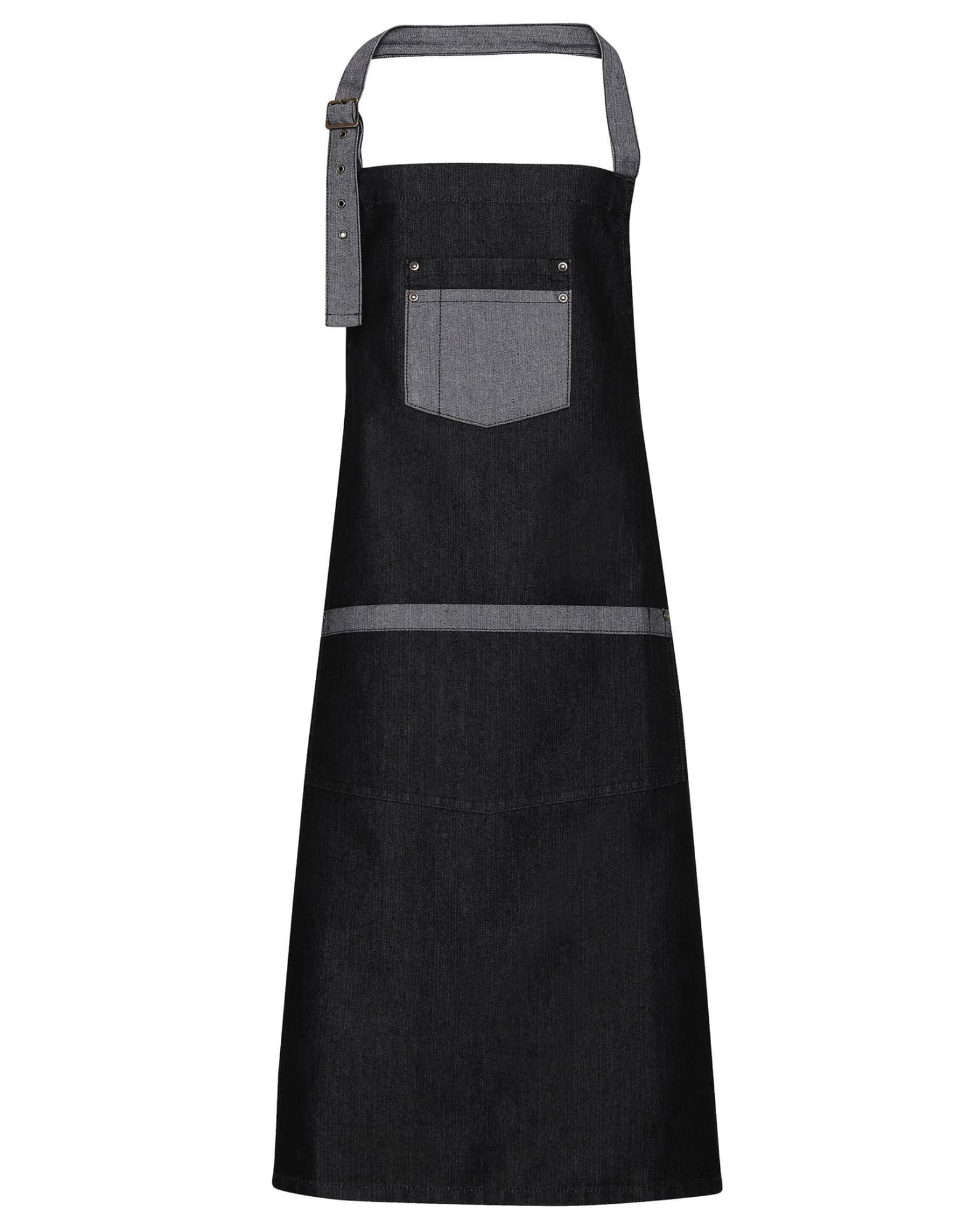 A black denim bib apron with a grey pocket and contrasting stripes, featuring a neck strap. Domain Contrast Denim Bib Apron - Image 1