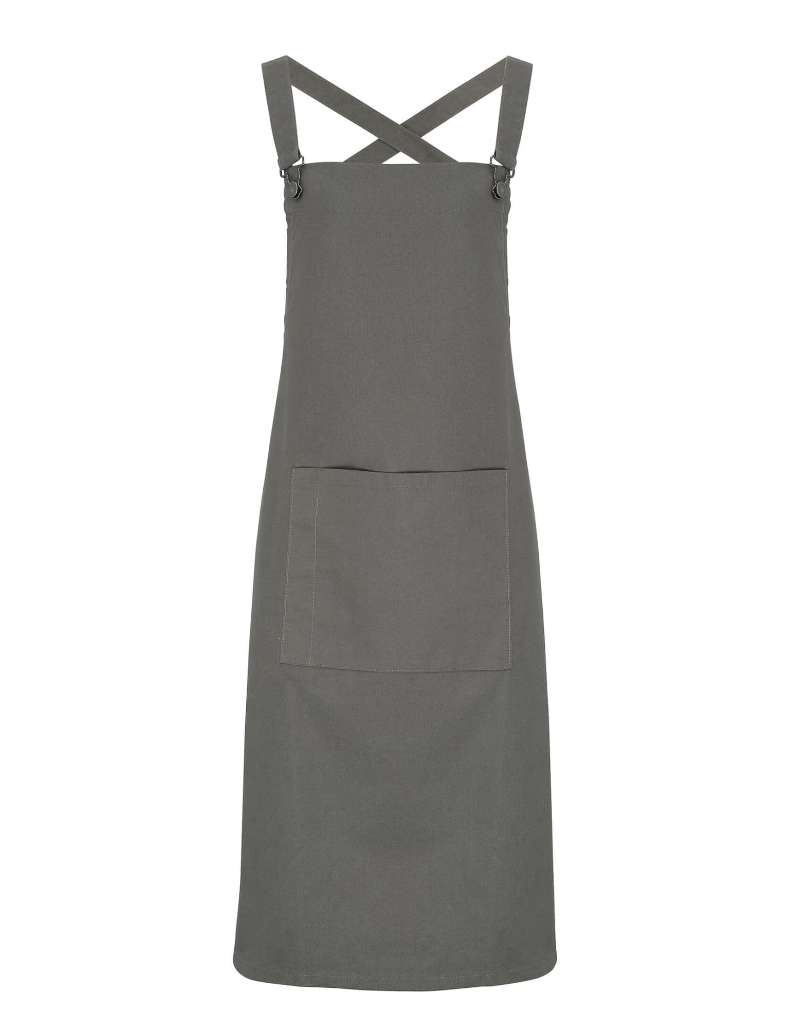 A cross back barista bib apron in a muted grey colour featuring a front pocket and adjustable straps. Cross Back Barista Bib Apron - Image 1