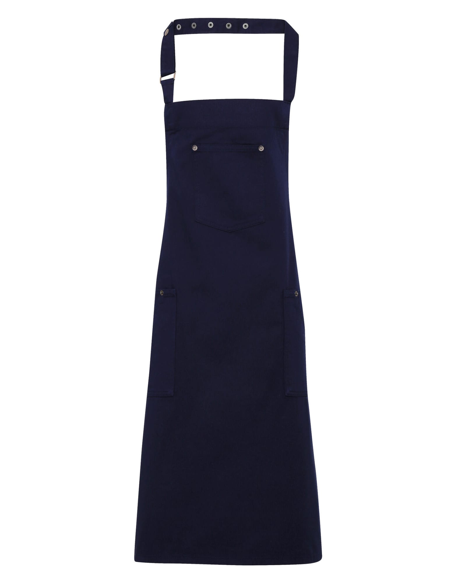 A navy blue Chino Cotton Bib Apron with adjustable straps and multiple pockets, featuring a logo. Chino Cotton Bib Apron - Image 1
