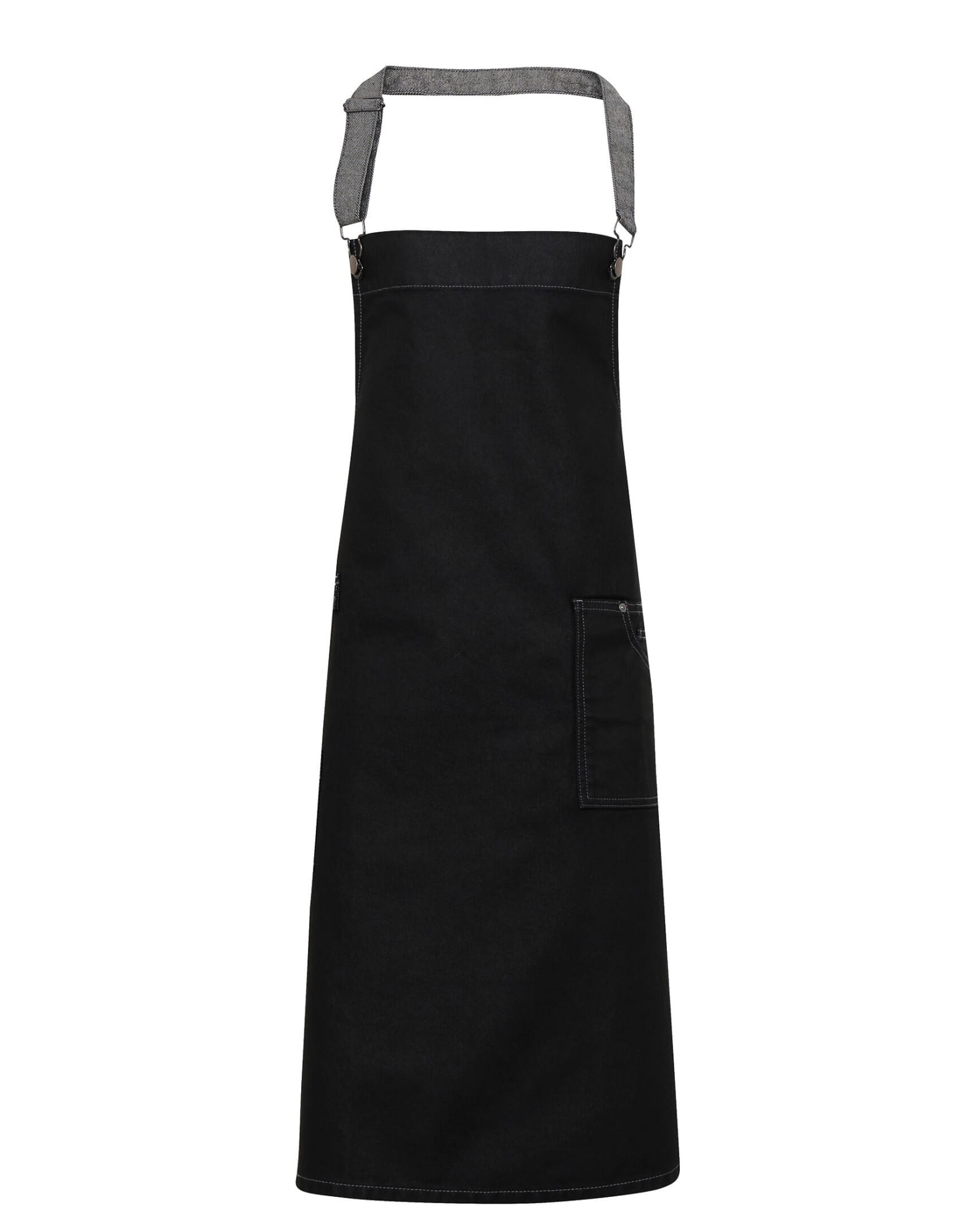 A black wax-look denim bib apron with a grey strap and a front pocket, featuring a logo. District Wax-Look Denim Bib Apron - Image 1