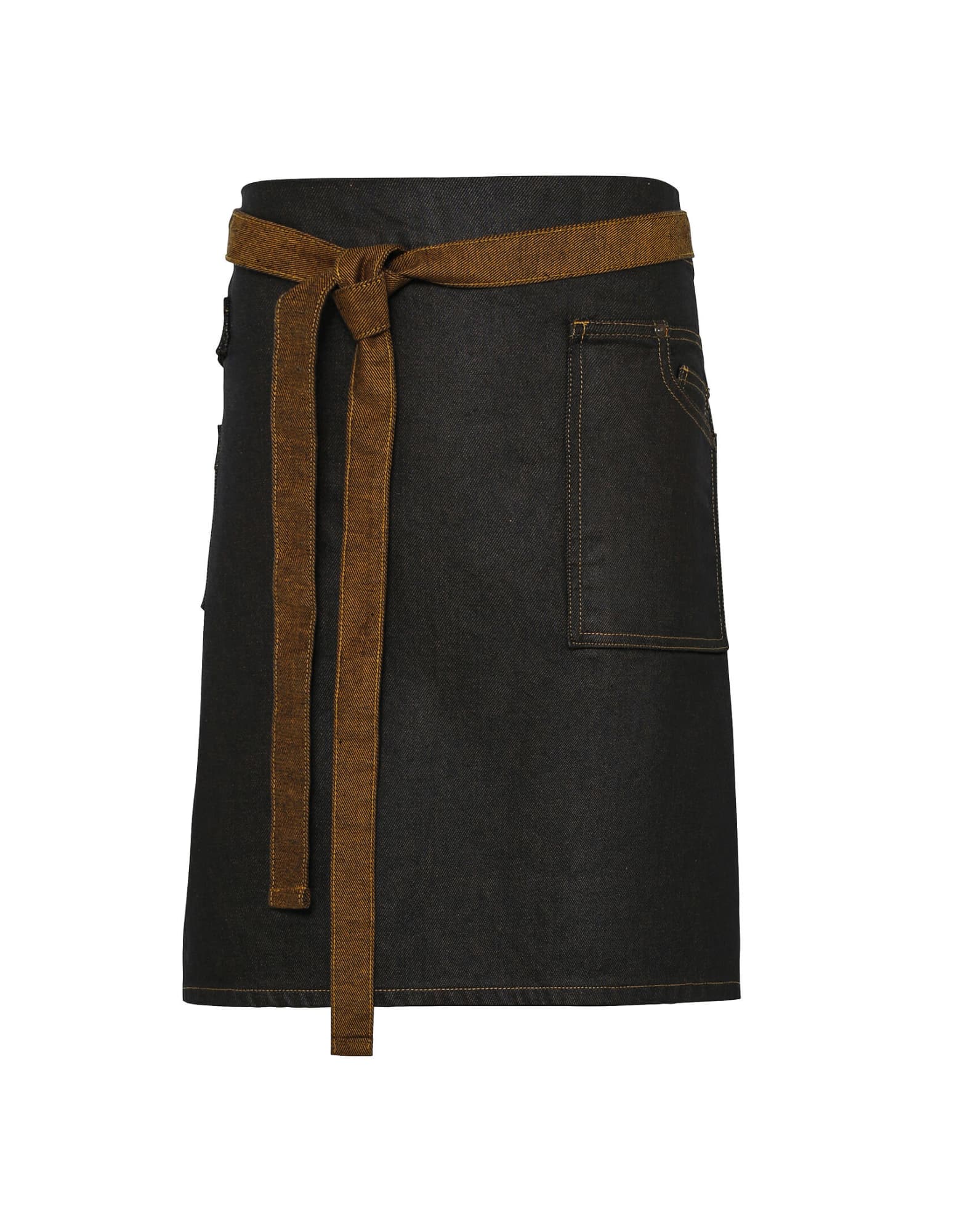 A black denim waist apron with a brown tie belt and pocket, featuring a logo on the side. Division Wax-Look Denim Waist Apron - Image 1