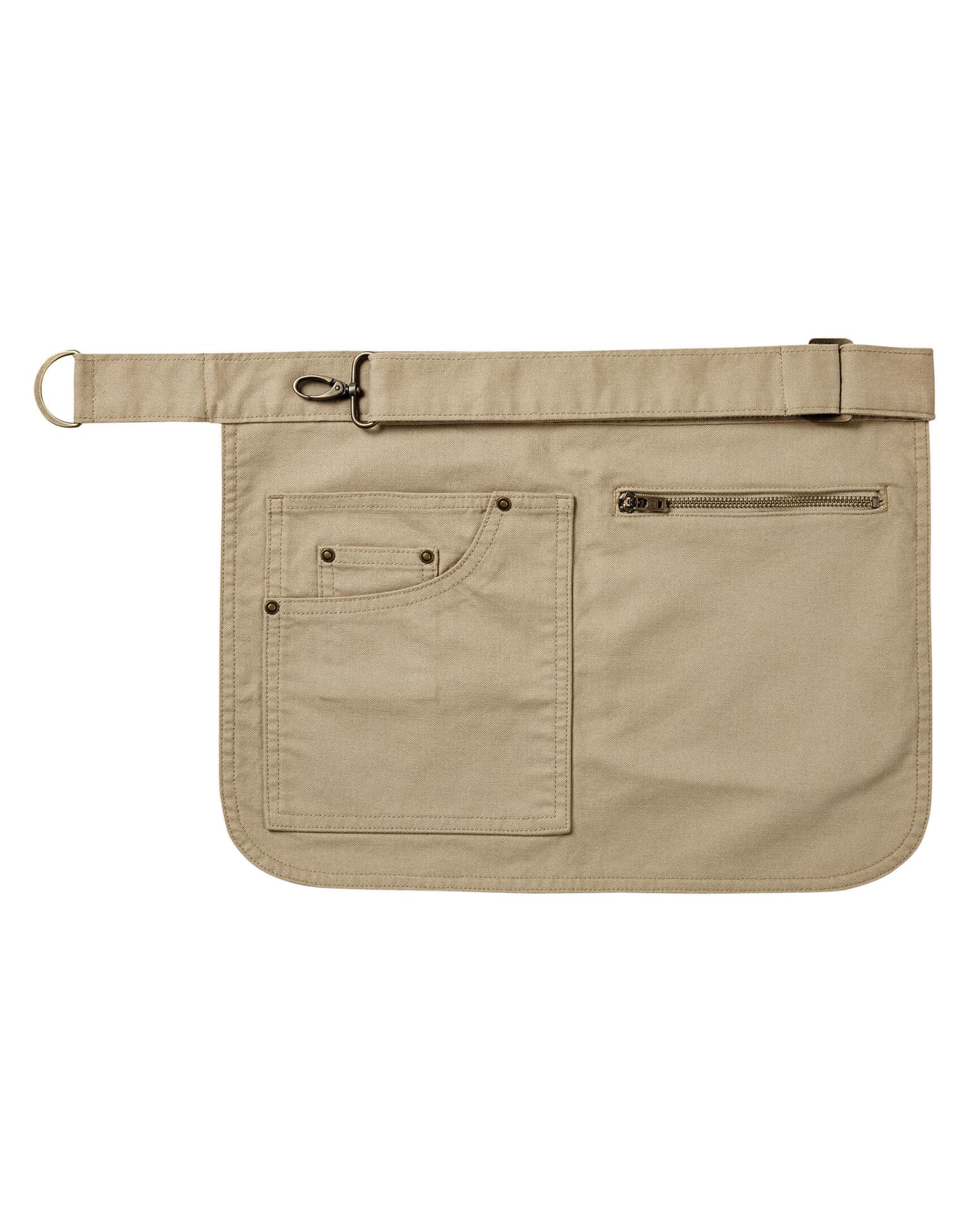 A beige utility hip apron featuring multiple pockets and a belt attachment, with a branded logo. Metro Utility Hip Apron - Image 1