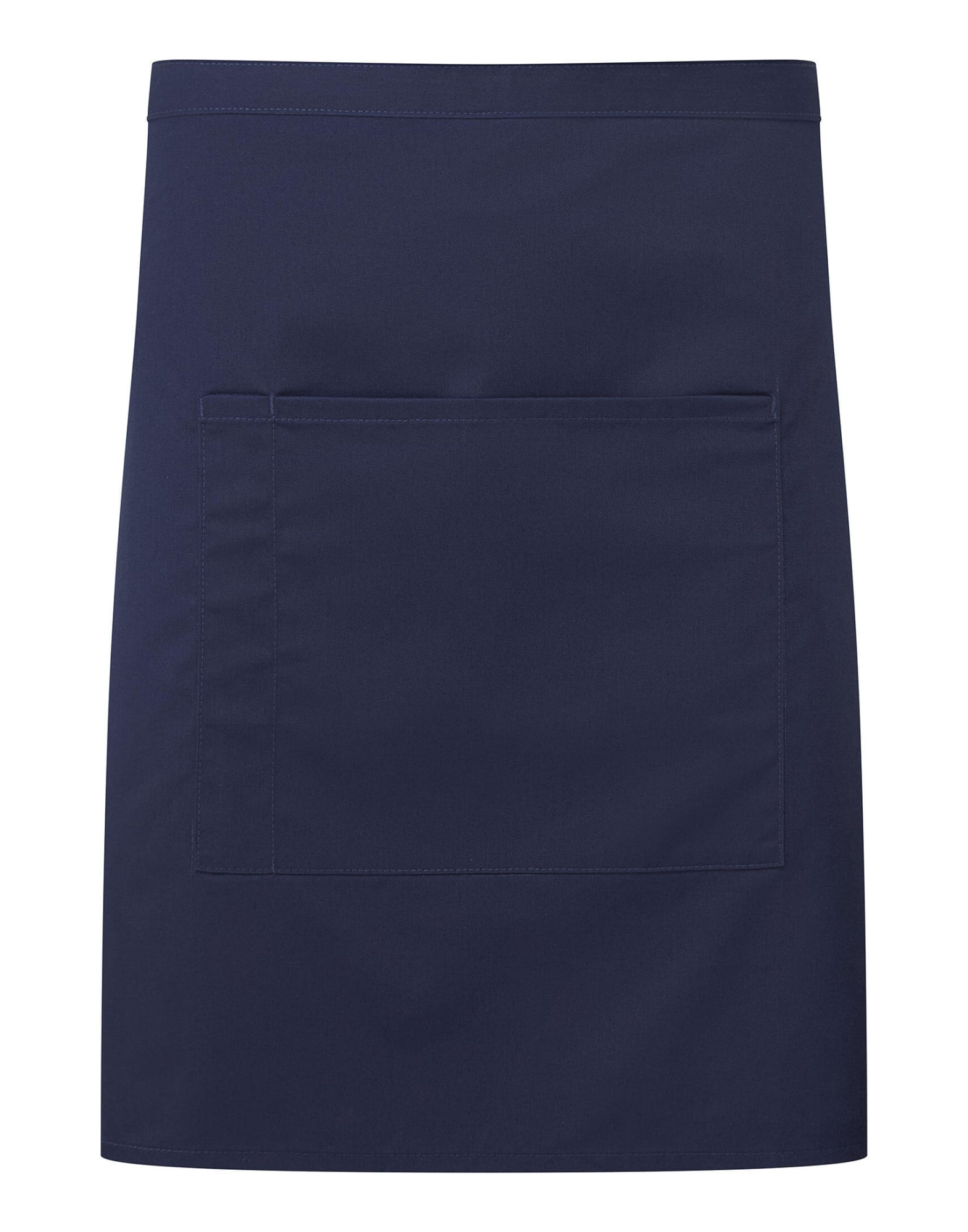 A navy mid-length pocket apron featuring a large front pocket and a simple design. It has a logo on the side. Colours Mid-Length Pocket Apron - Image 1