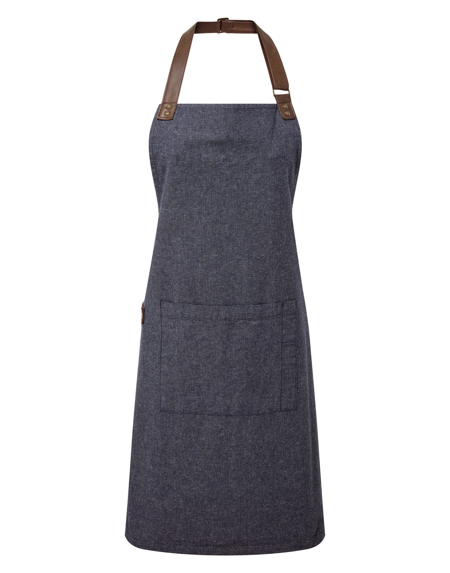A dark blue apron with brown straps and a front pocket, featuring a logo. Suitable for workwear use. Annex Oxford Bib Apron - Image 1