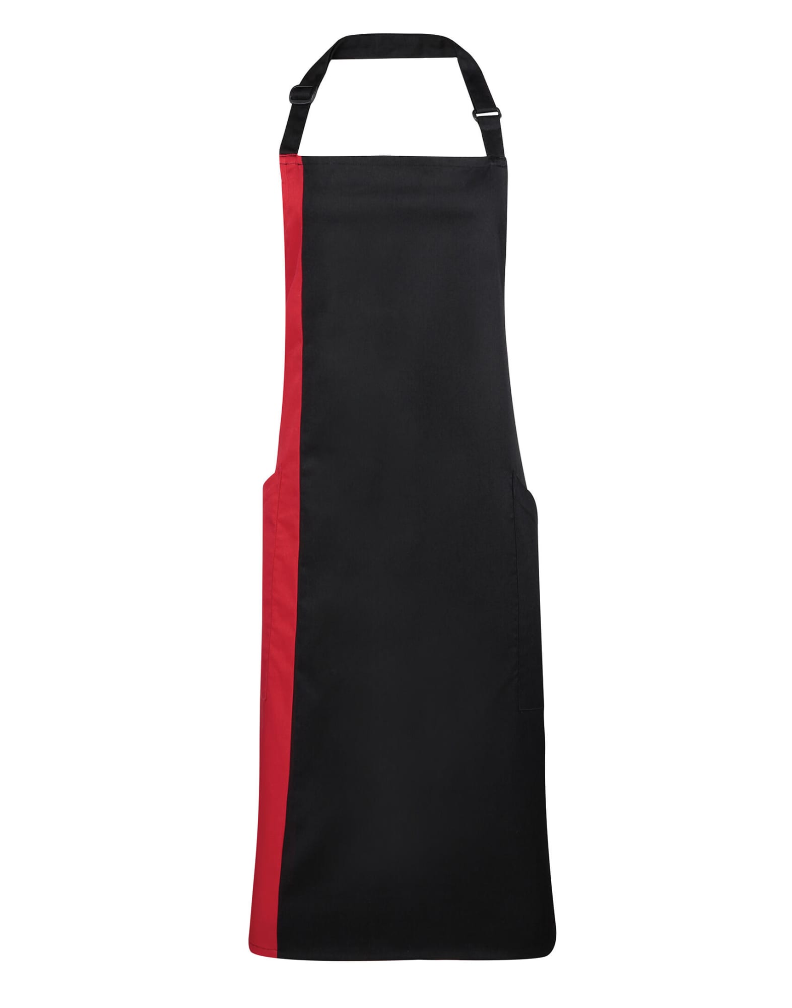 A black and red Contrast Bib Apron featuring a branded logo, designed for workwear use. Contrast Bib Apron - Image 1