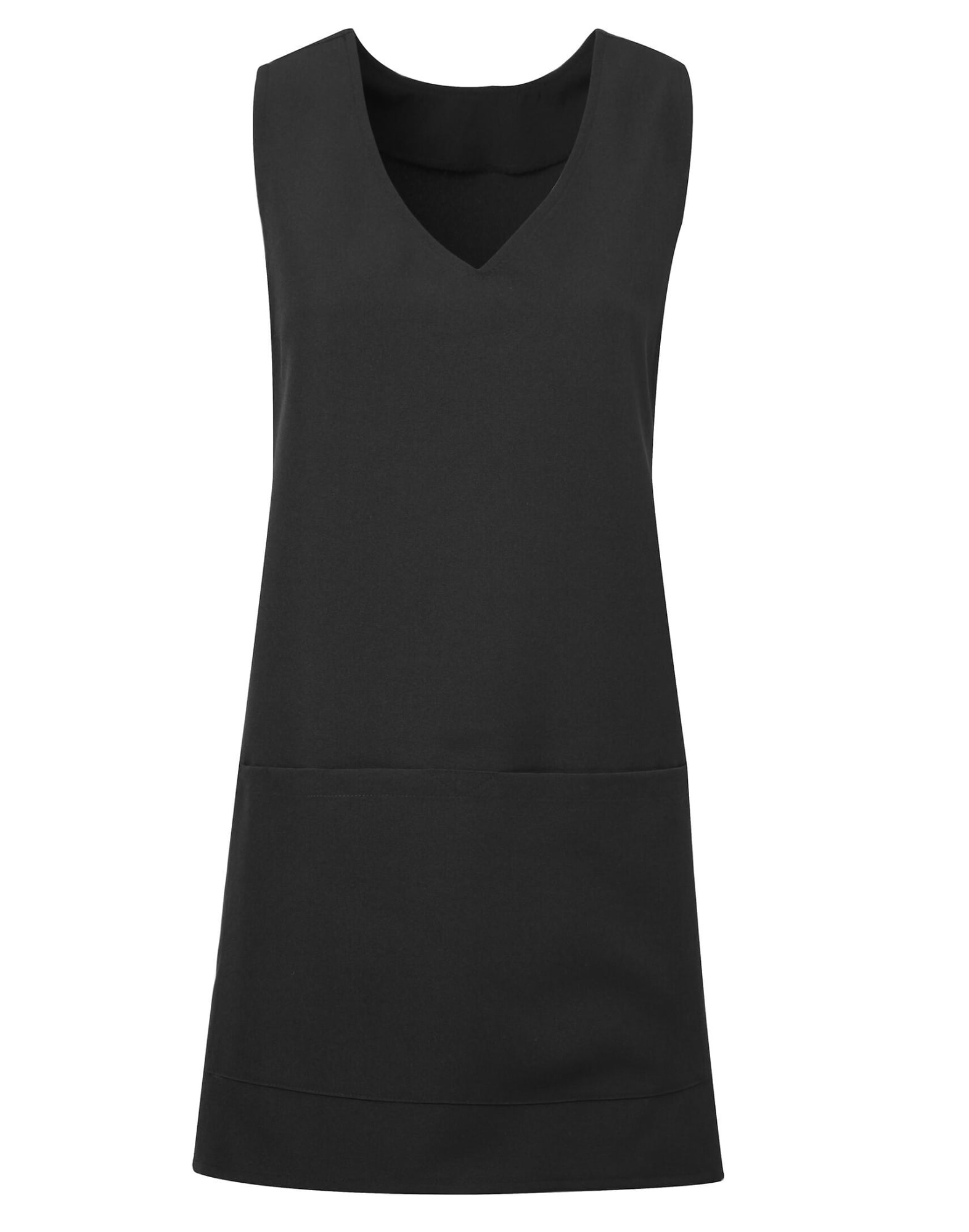 A black wrap-around tunic with a V-neck design and front pockets, featuring a logo on the chest. Wrap-Around Tunic - Image 1