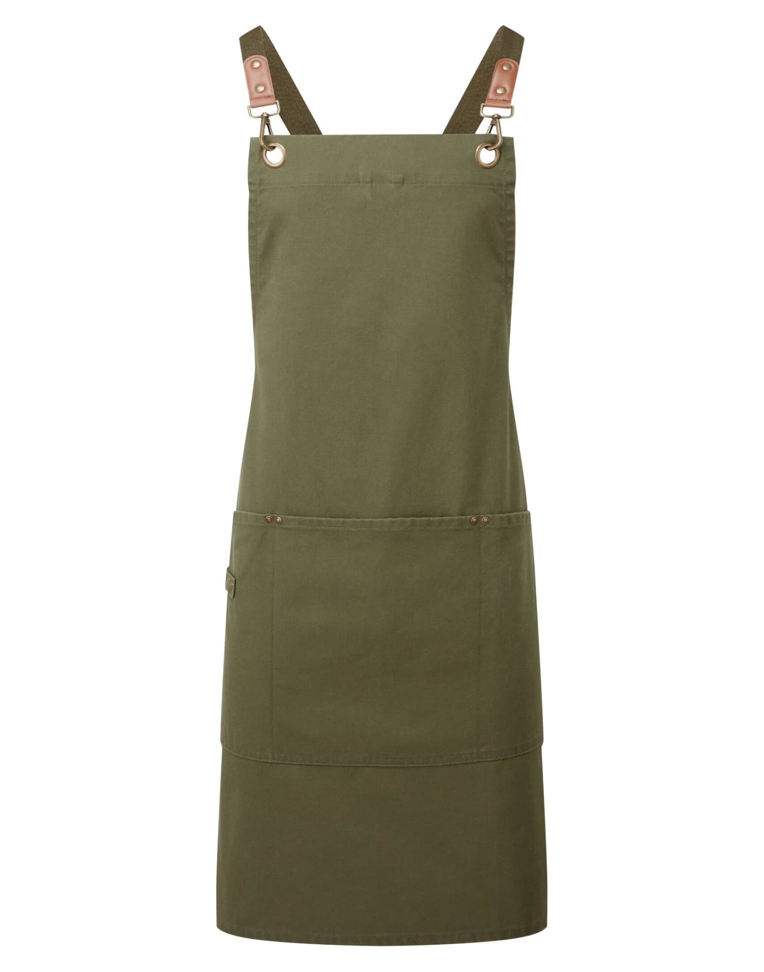An olive green cross-back bib apron with leather straps and a front pocket, featuring a logo. Clip & Clasp Cross-Back Bib Apron - Image 1