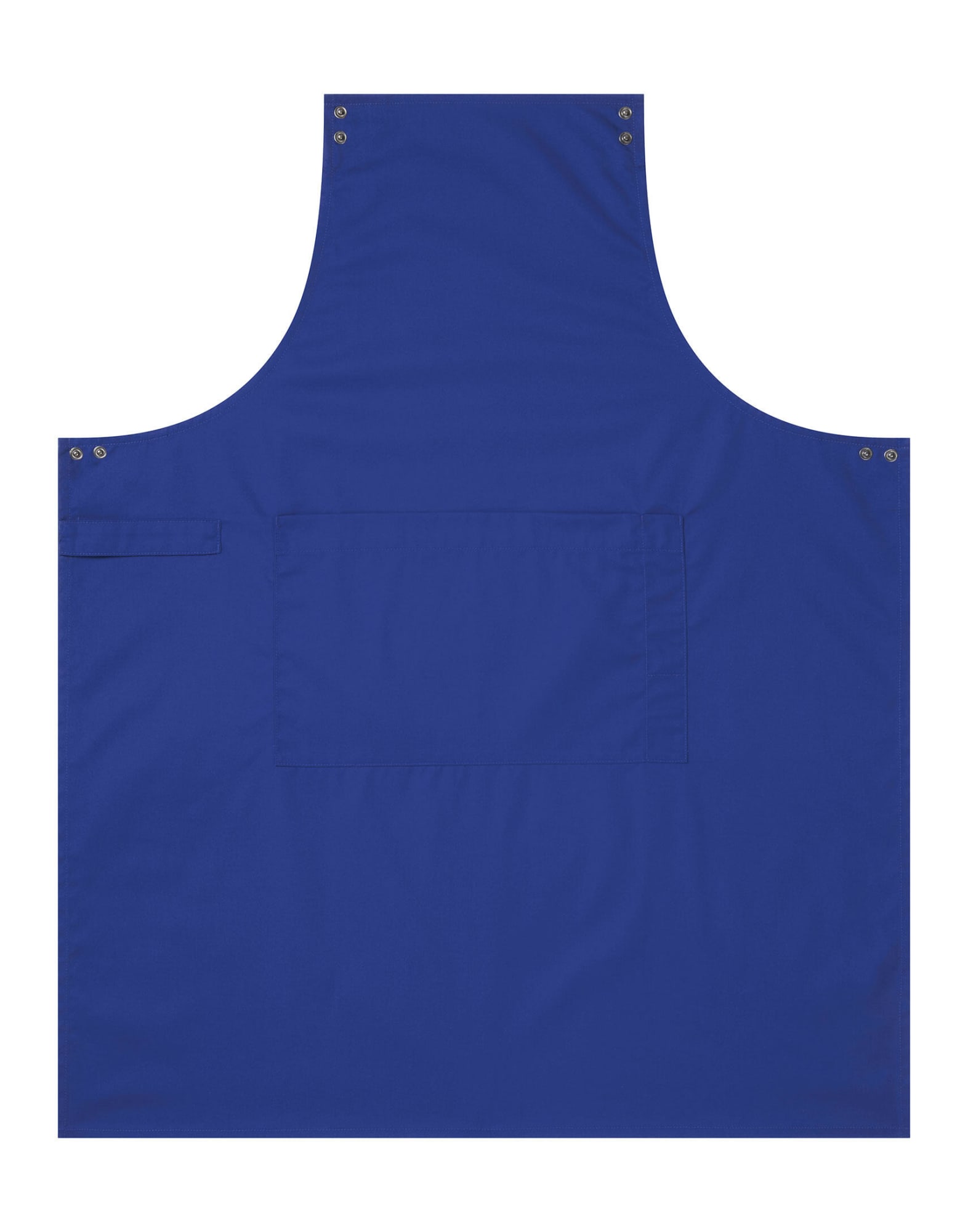 A blue custom apron features a front pocket and metal snaps, showcasing a solid design with no text or branding visible. Swap & Pop Custom Apron - Body - Image 1