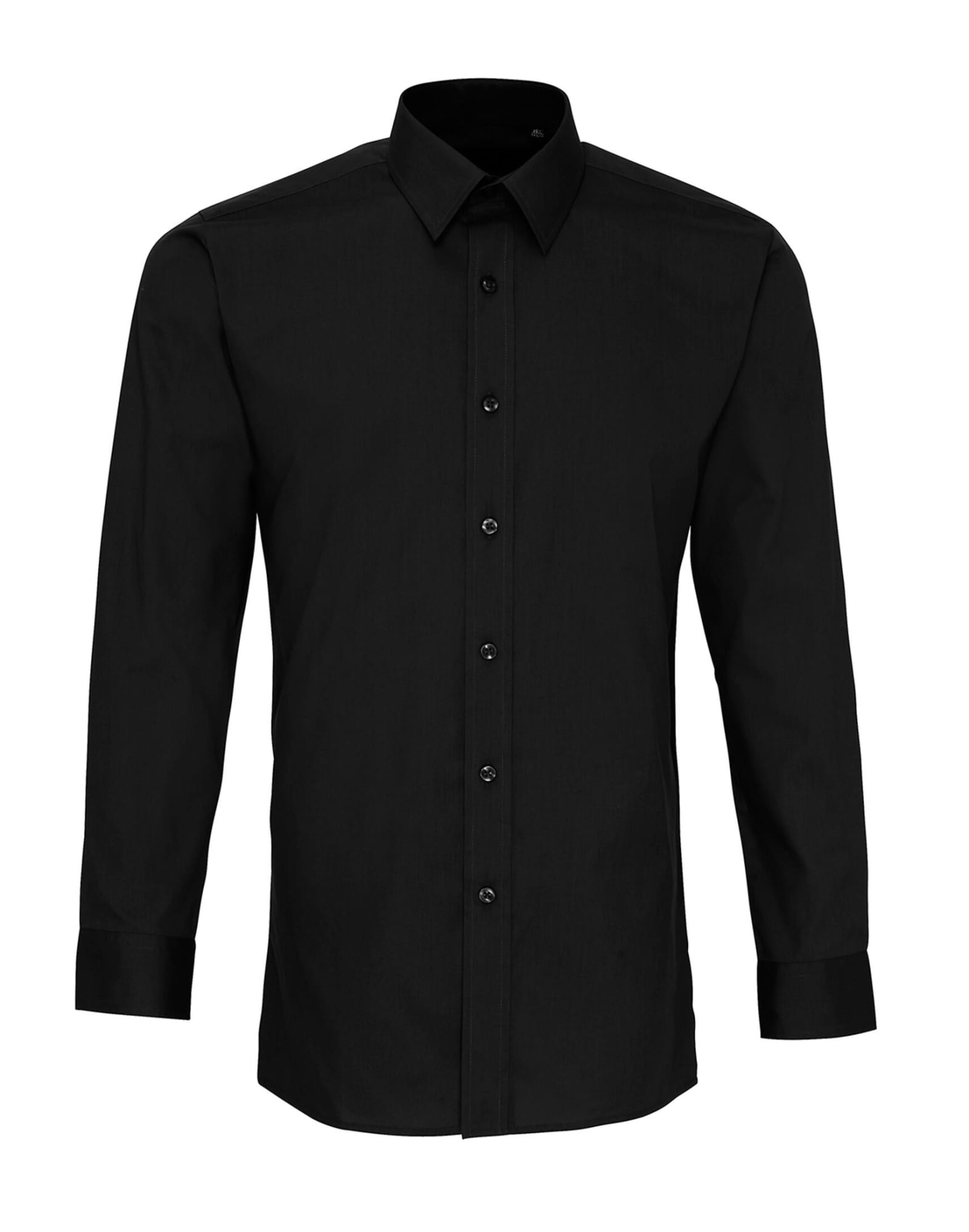 A black fitted long-sleeve shirt with a collar and buttons down the front. It features a branded logo. Poplin Fitted L-S Shirt - Image 1