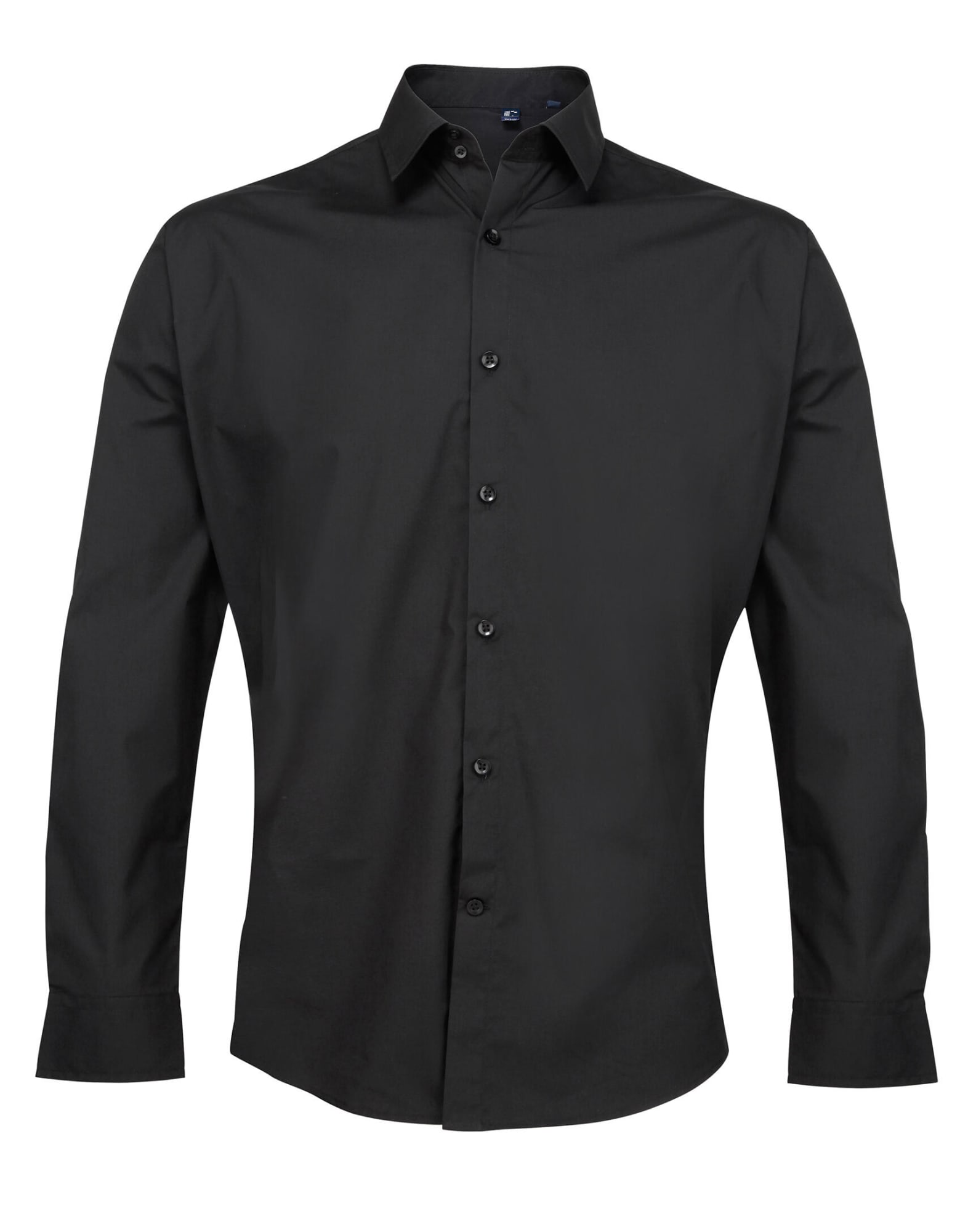 A black button-up shirt with long sleeves and a classic collar. It features a logo on the fabric. Supreme Poplin L-S Shirt - Image 1