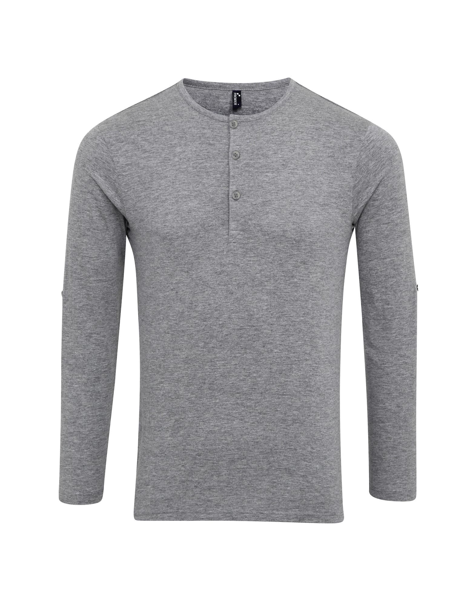 A grey long sleeve tee with roll sleeves and a buttoned placket, featuring a logo. Long John Roll-Sleeve Tee - Image 1