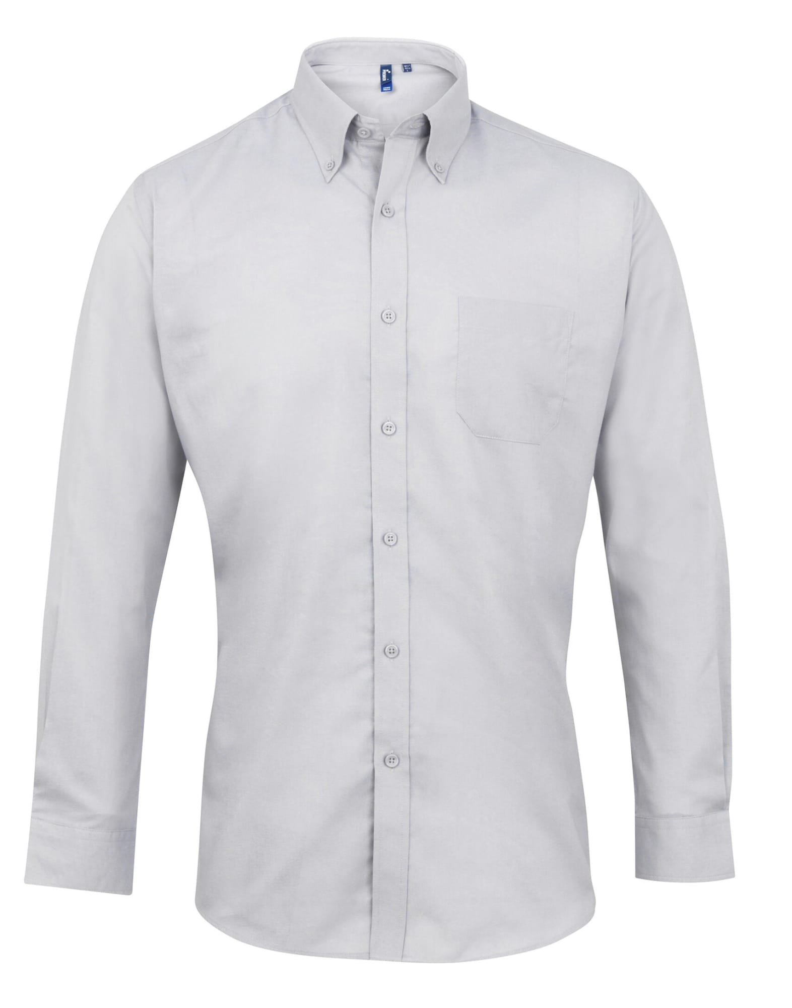 A light grey button-up shirt with a collar, long sleeves, and a chest pocket. It features a logo on the chest. Signature Oxford L-S Shirt - Image 1