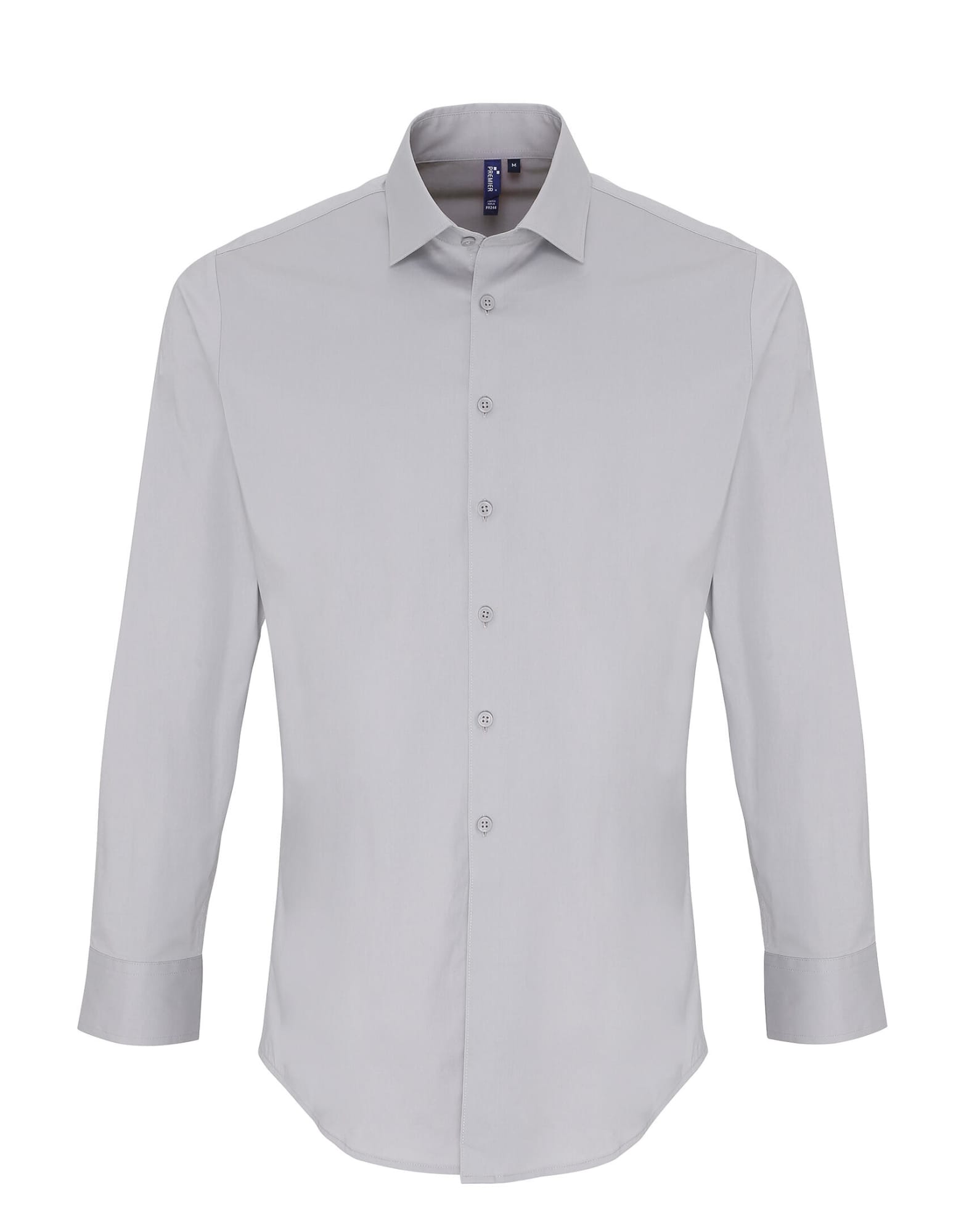 A light grey button-up shirt with a collar and long sleeves, featuring a logo on the front. Stretch Fit Cotton Poplin L-S Shirt - Image 1