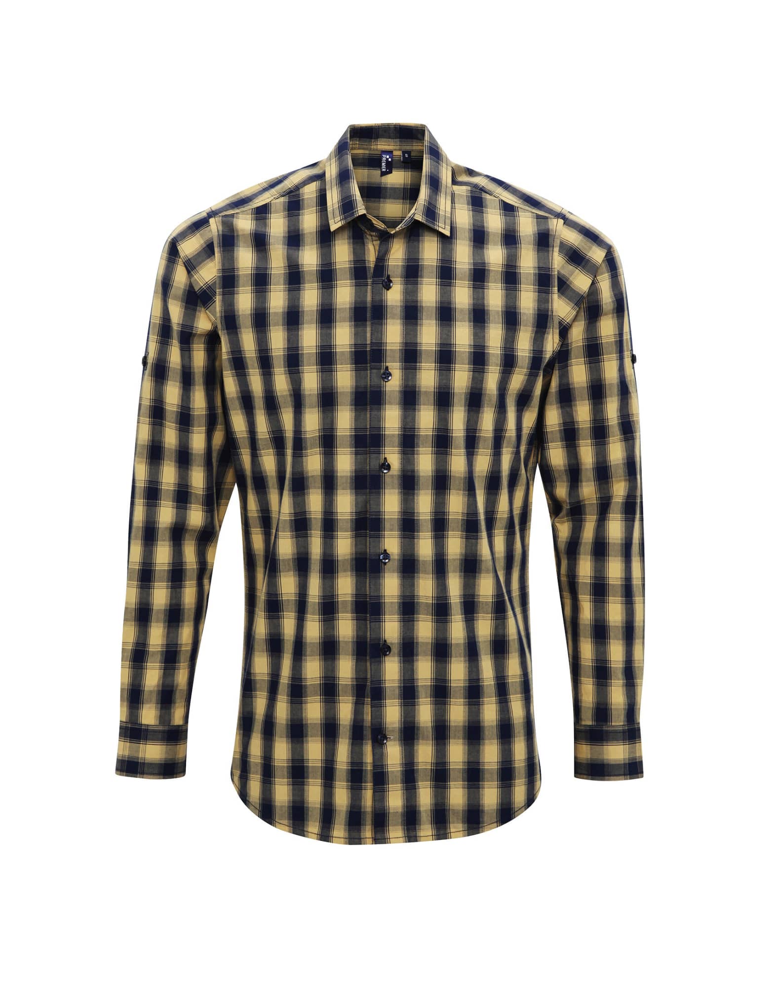 A long-sleeve button-up shirt in a yellow and navy check pattern, featuring a logo on the chest. Mulligan Check Cotton L-S Shirt - Image 1