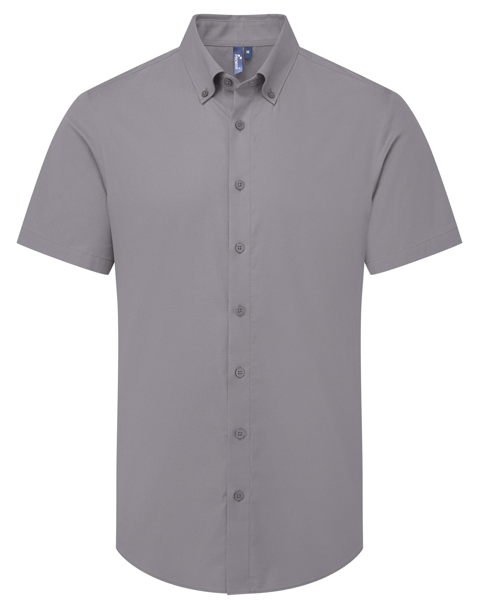 A short-sleeved grey men's shirt with a button-down collar and a logo on the chest. Supreme Oxford Mens S-S Shirt - Image 1