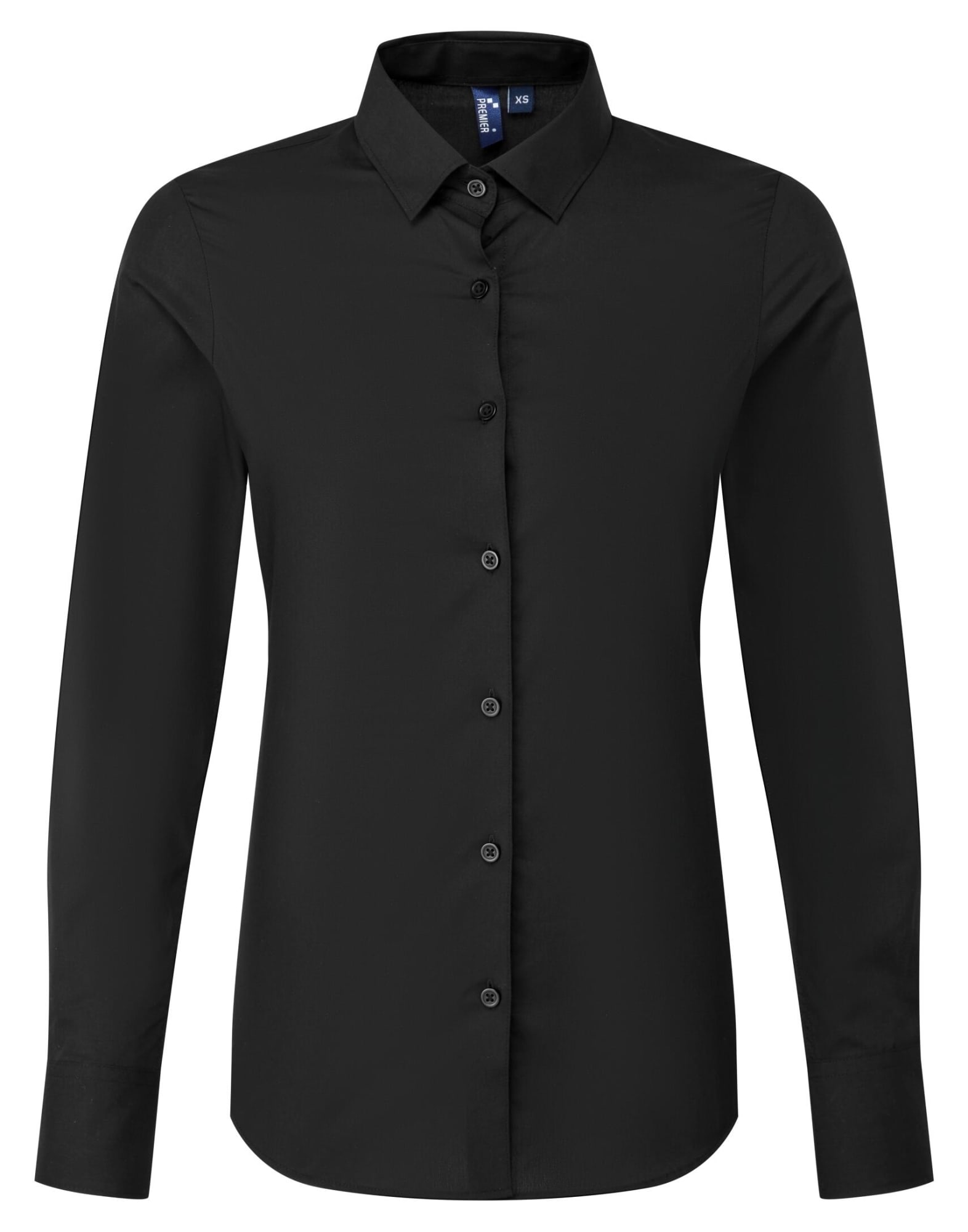 A black long-sleeve poplin shirt featuring a button-up front and a collar, with a logo on the label. Womens L-S Recyclight Poplin Shirt - Image 1