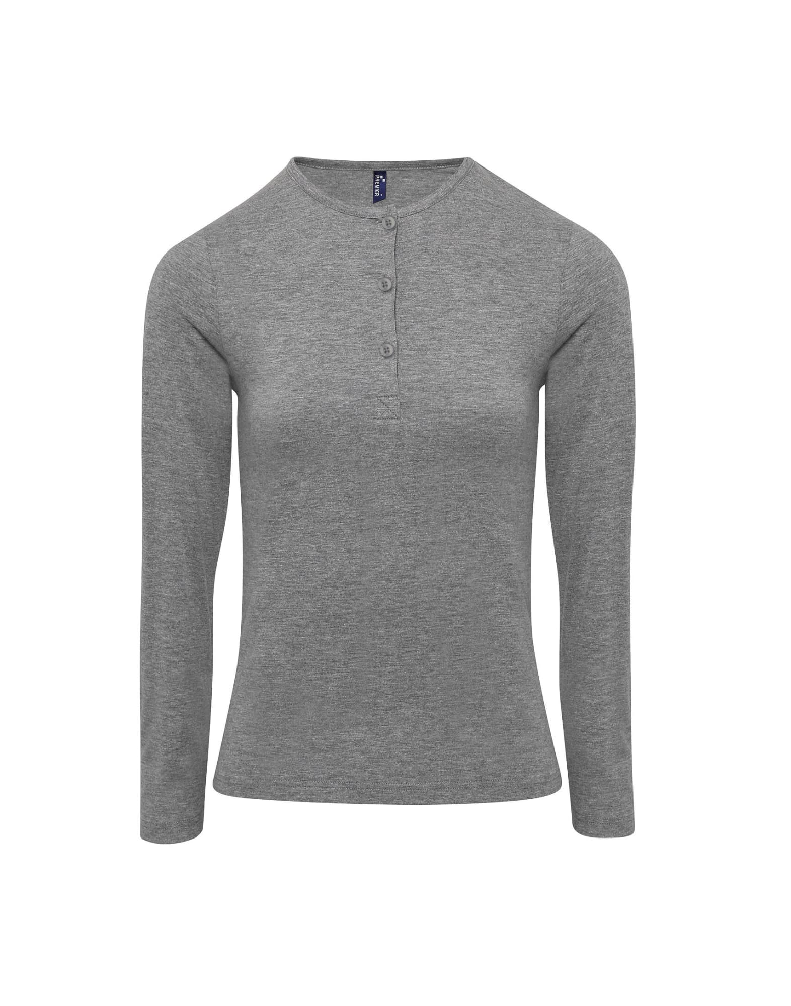 A grey long-sleeve tee with roll sleeves and a buttoned placket, featuring a logo. Womens Long John Roll-Sleeve Tee - Image 1