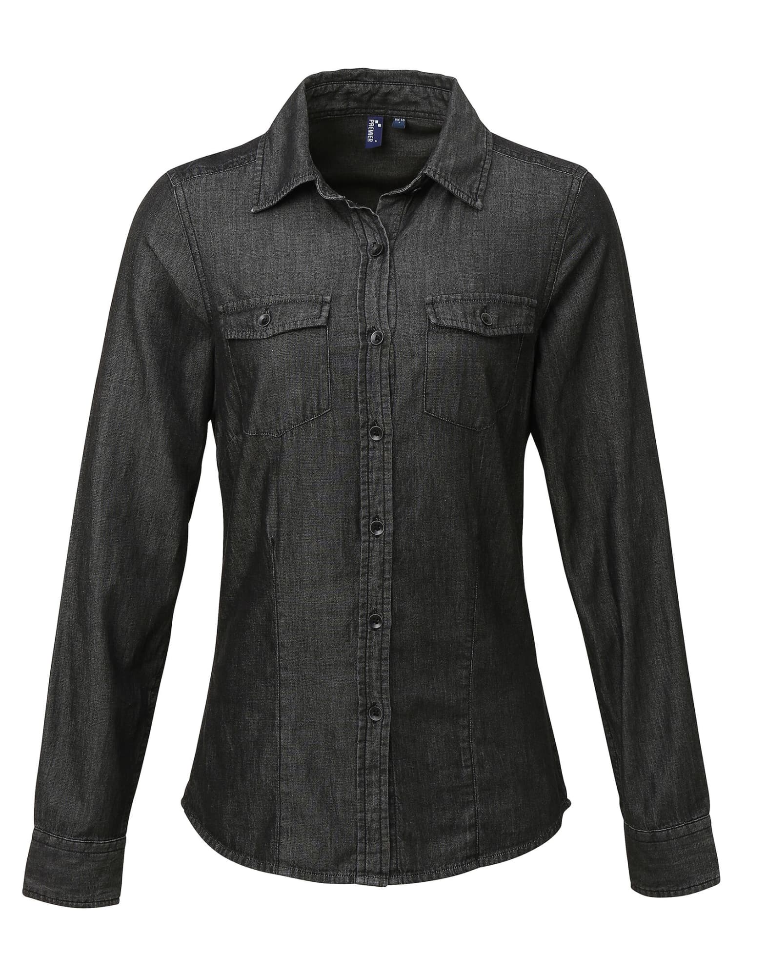 A women's button-up shirt in dark denim with long sleeves and two chest pockets. Features branding on the label. Womens Jeans Stitch Denim Shirt - Image 1