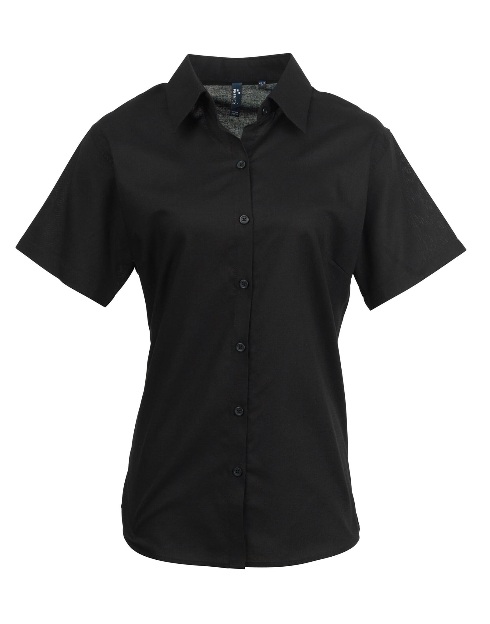 A black women's short-sleeve button-up shirt with a collar and a logo. Womens Signature Oxford S-S Shirt - Image 1