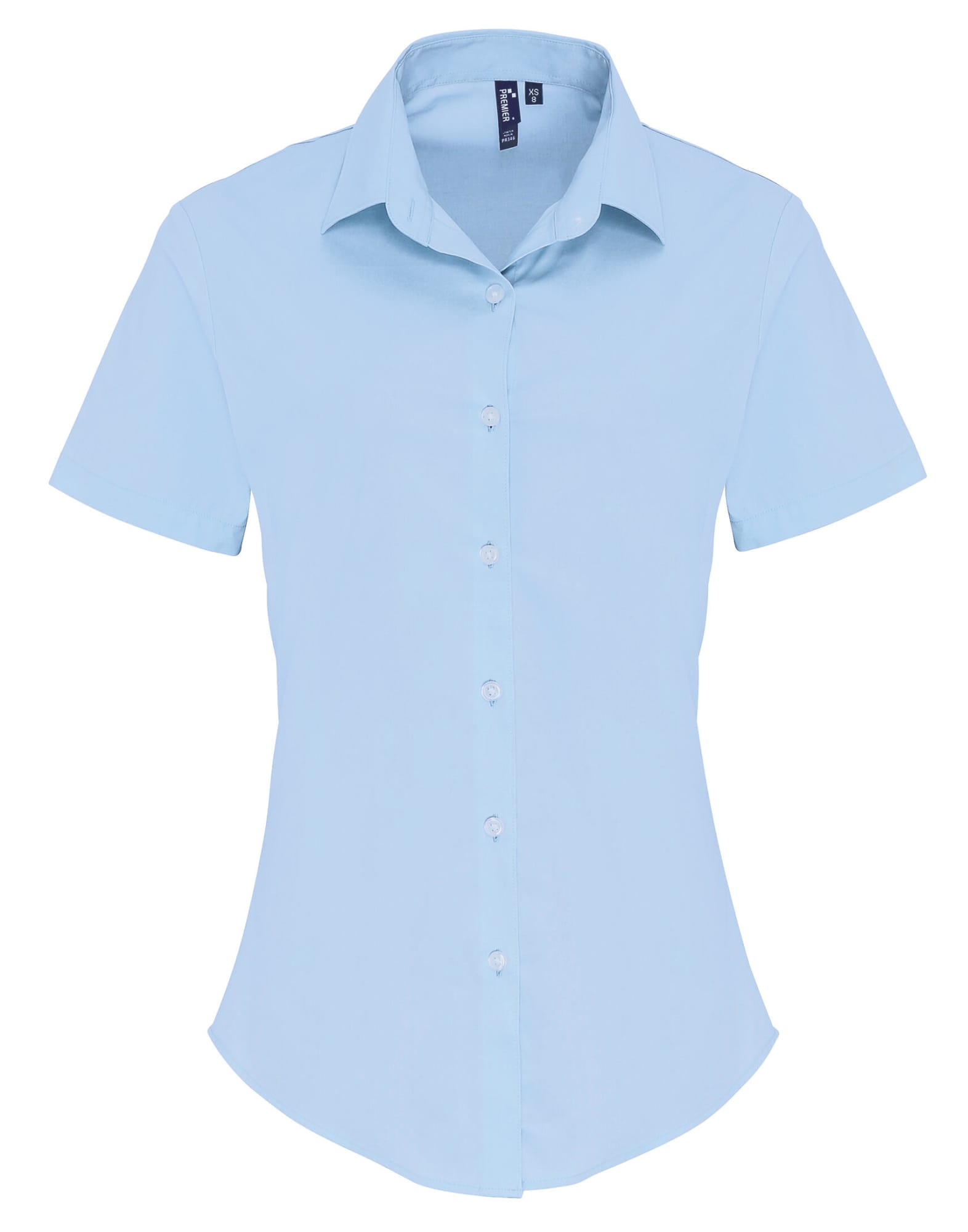 A light blue women's stretch fit cotton poplin short-sleeve blouse with a button-up front and a collar. Womens Stretch Fit Cotton Poplin S-S Blouse - Image 1