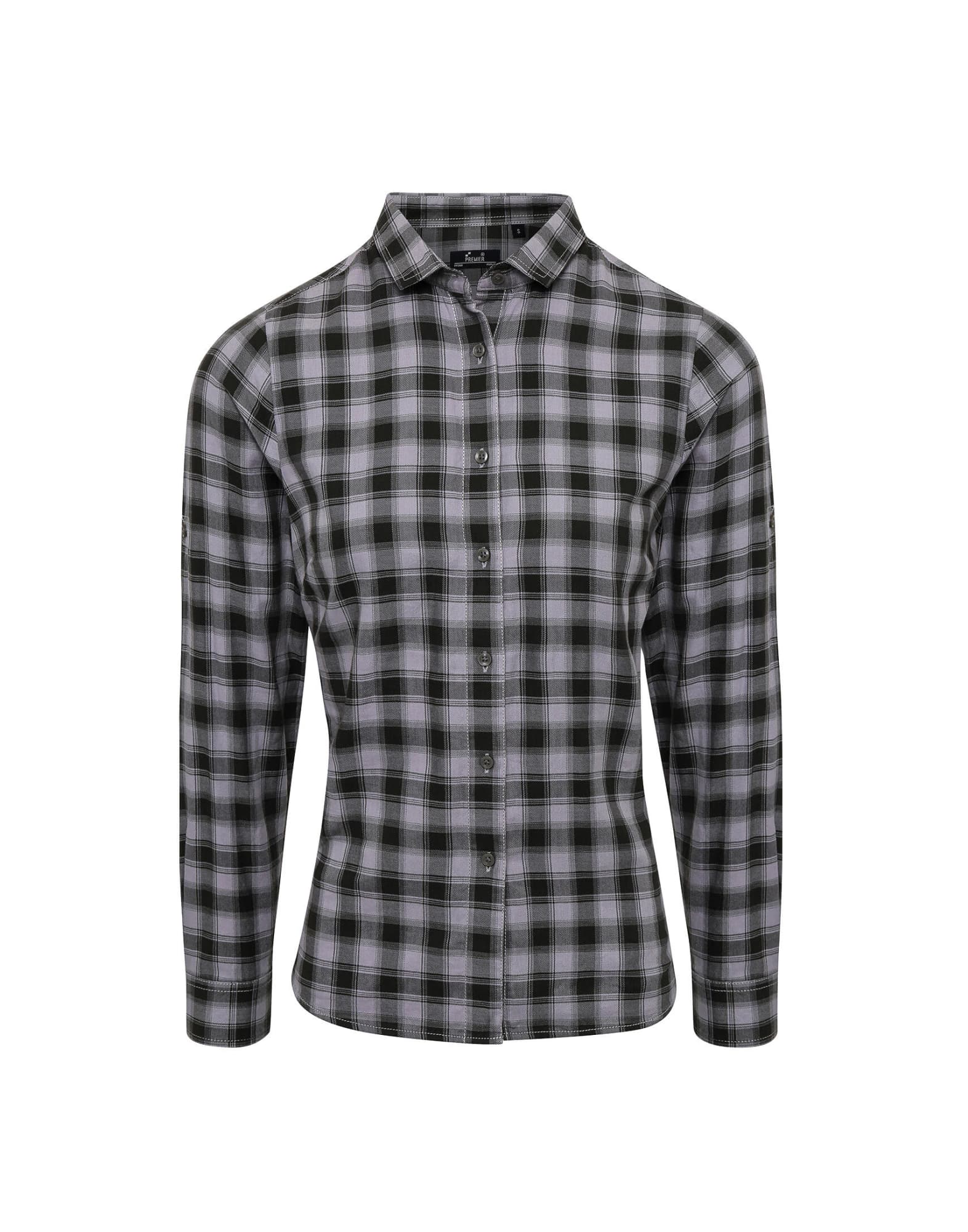 A button-up shirt in black and grey check pattern, featuring long sleeves and a collar. It has a logo. Womens Mulligan Check Cotton L-S Shirt - Image 1