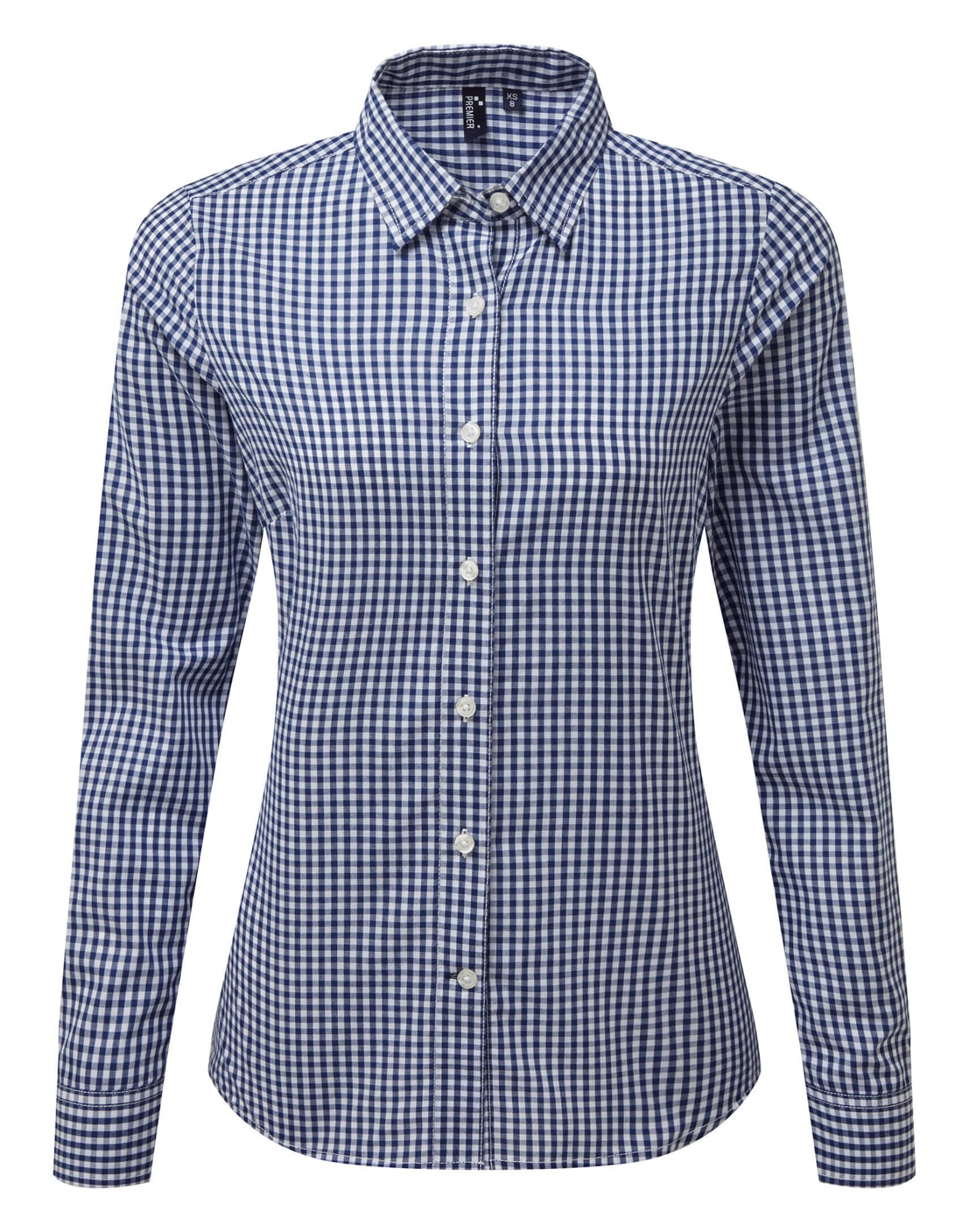 A women's button-up shirt in navy and white check pattern with long sleeves and a collar. It features a logo. Womens Maxton Check L-S Shirt - Image 1