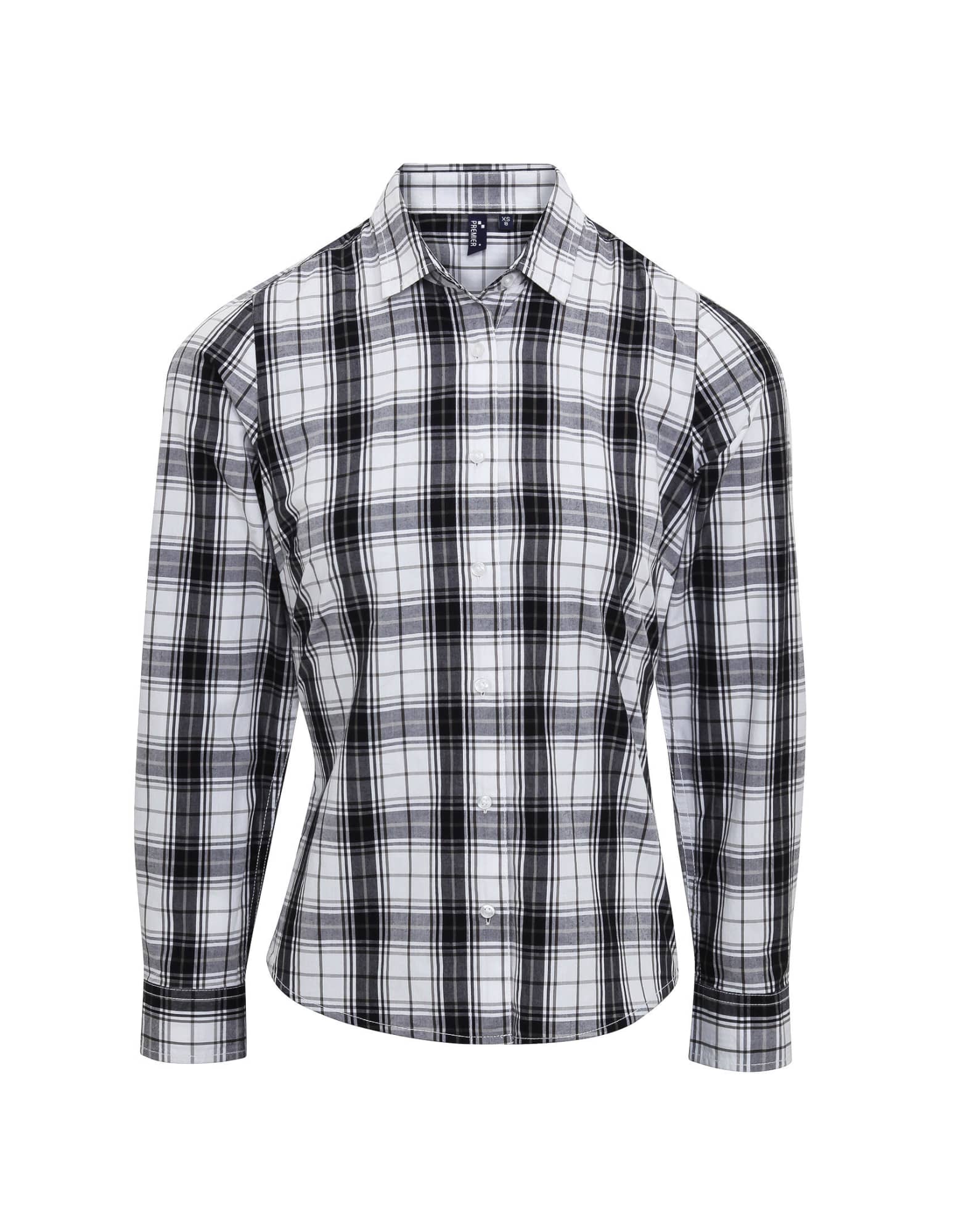 A women's long-sleeve button-up shirt in a black and white check pattern, featuring a logo on the chest. Womens Ginmill Check Cotton L-S Shirt - Image 1