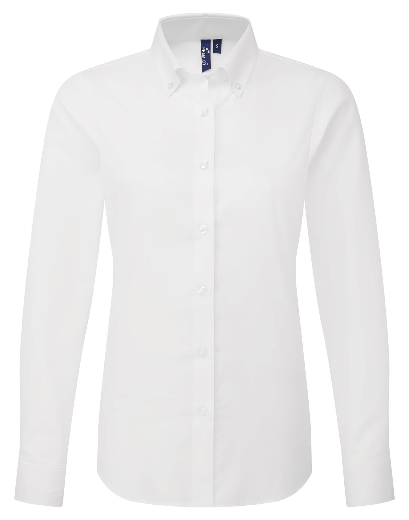 A white long-sleeve women's shirt featuring a button-up design and a collar, with a logo on the label. Supreme Oxford Womens L-S Shirt - Image 1