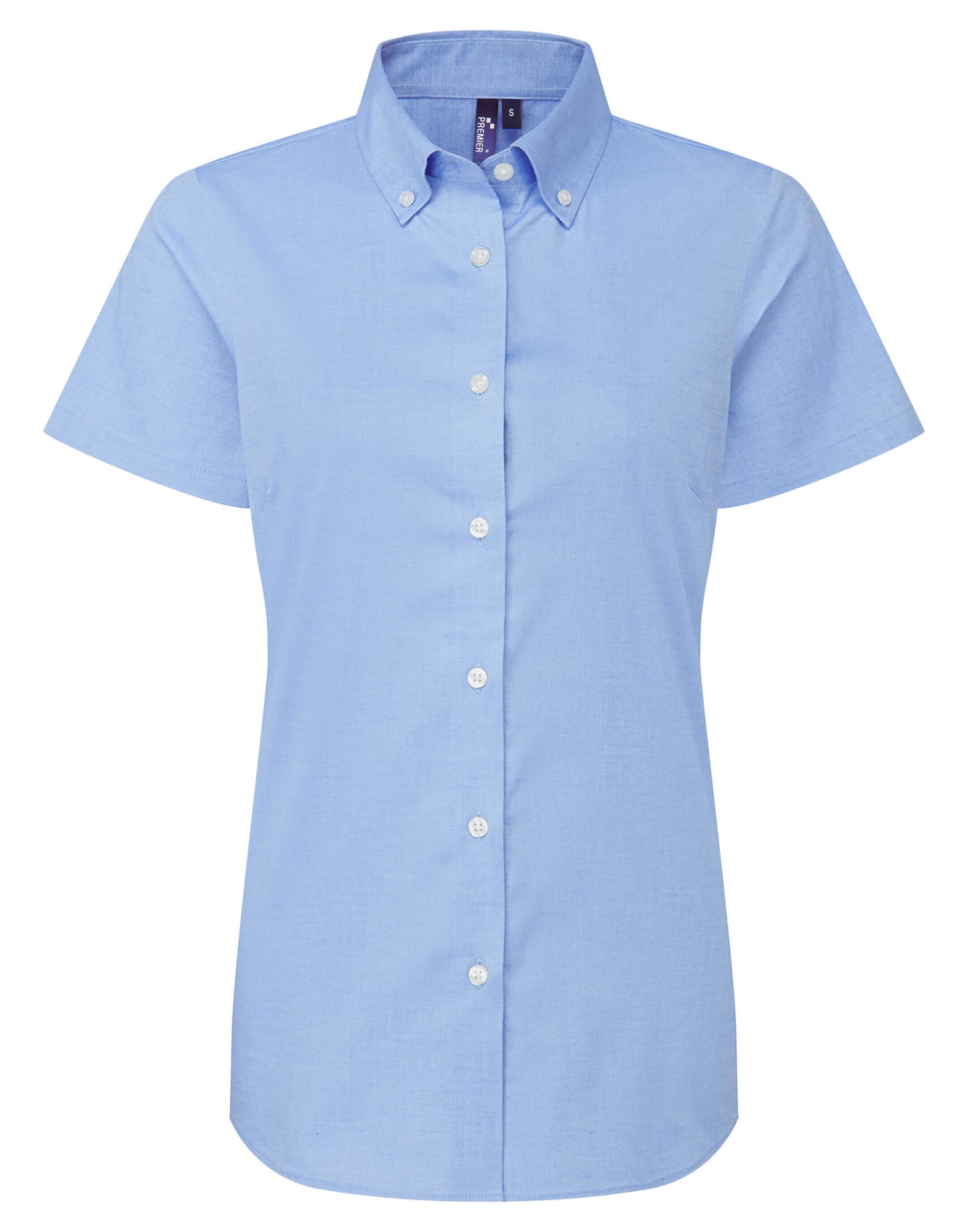 A short-sleeved, button-up women's shirt in light blue with a collar and branding. Supreme Oxford Womens S-S Shirt - Image 1
