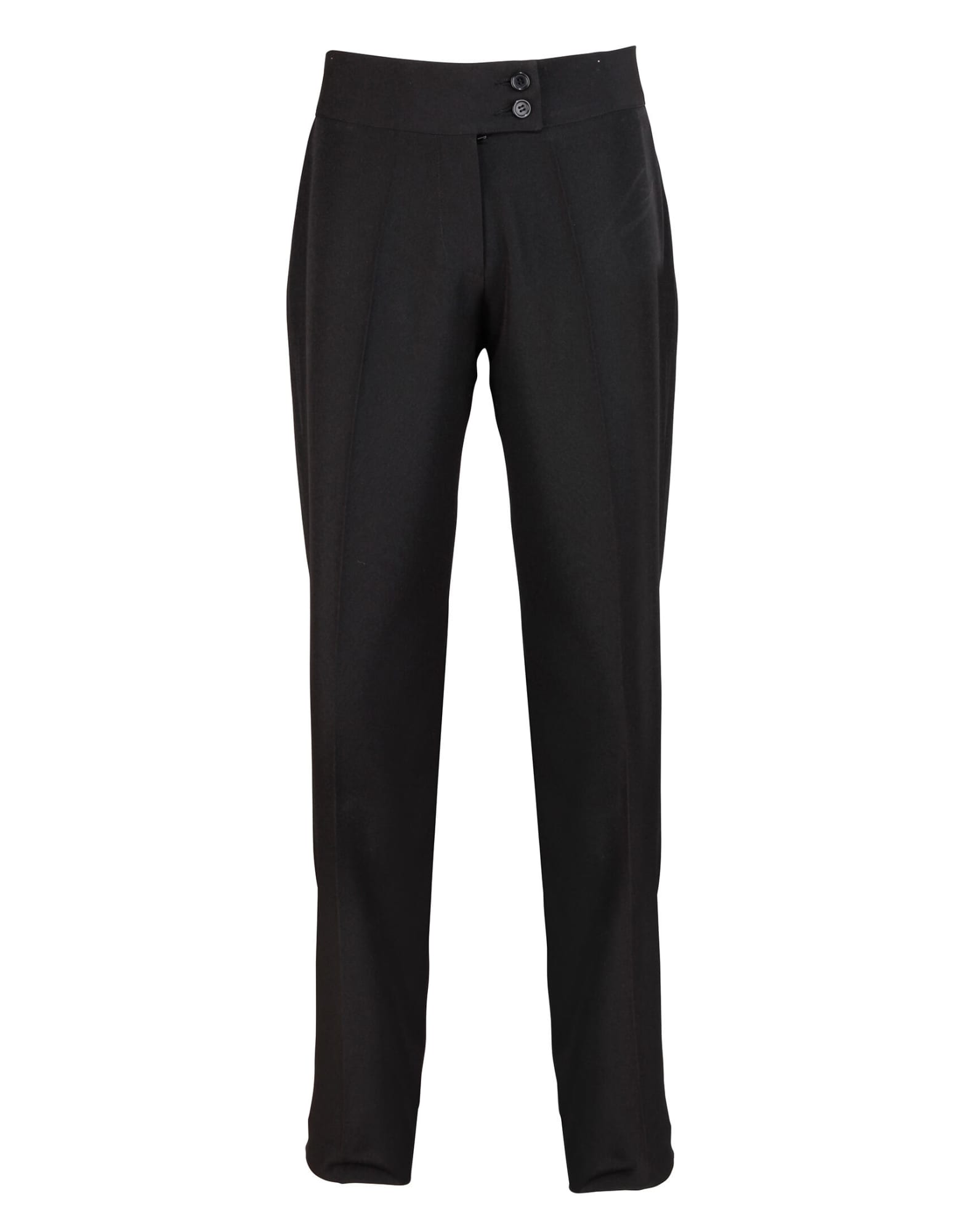 Black straight leg trousers featuring two front buttons and a sleek design. Includes a logo on the waistband. Iris Straight Leg Trousers - Image 1