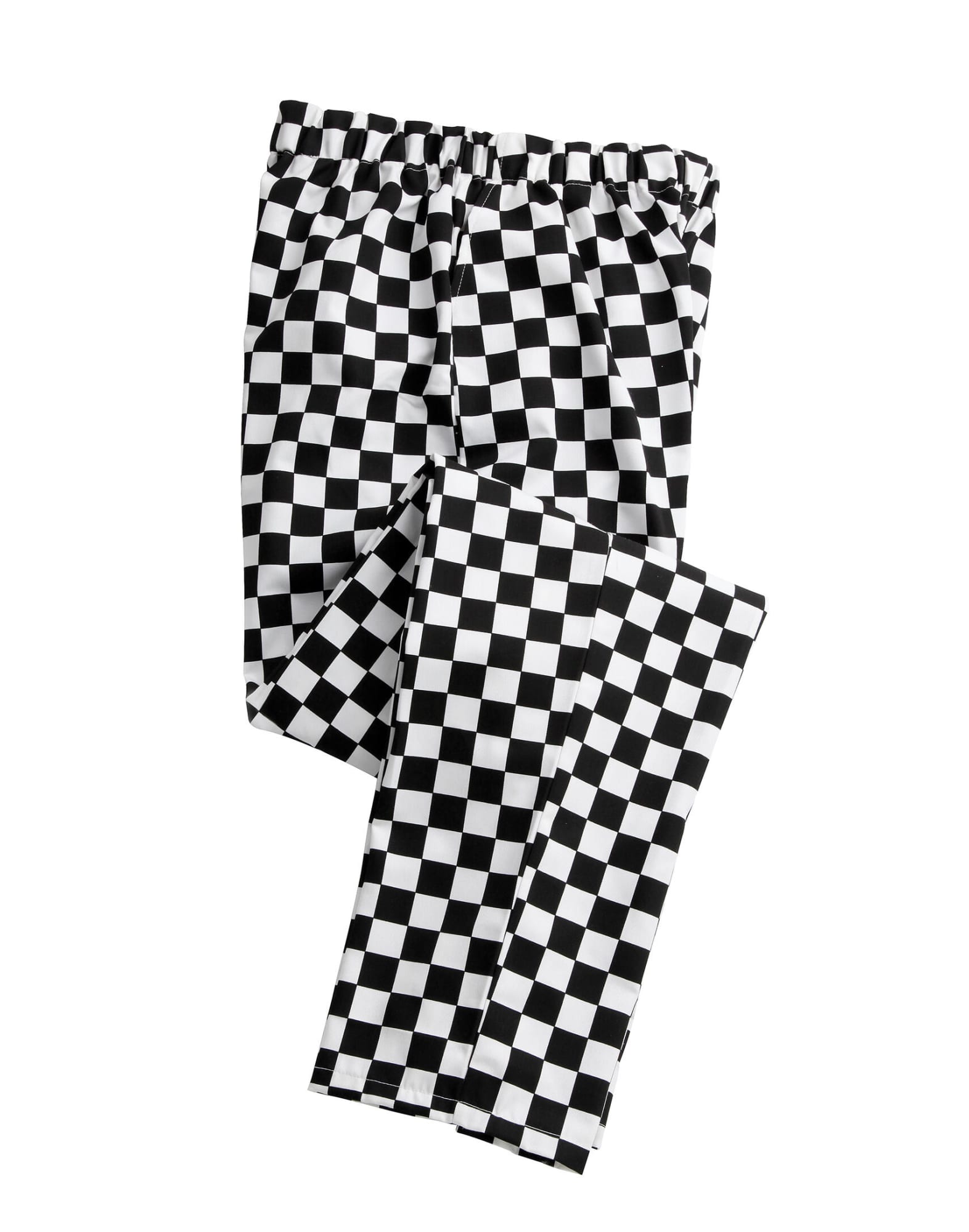 Black and white checkered chef's trousers with an elastic waistband, featuring a classic, bold pattern. Essential Chef's Trousers - Image 1