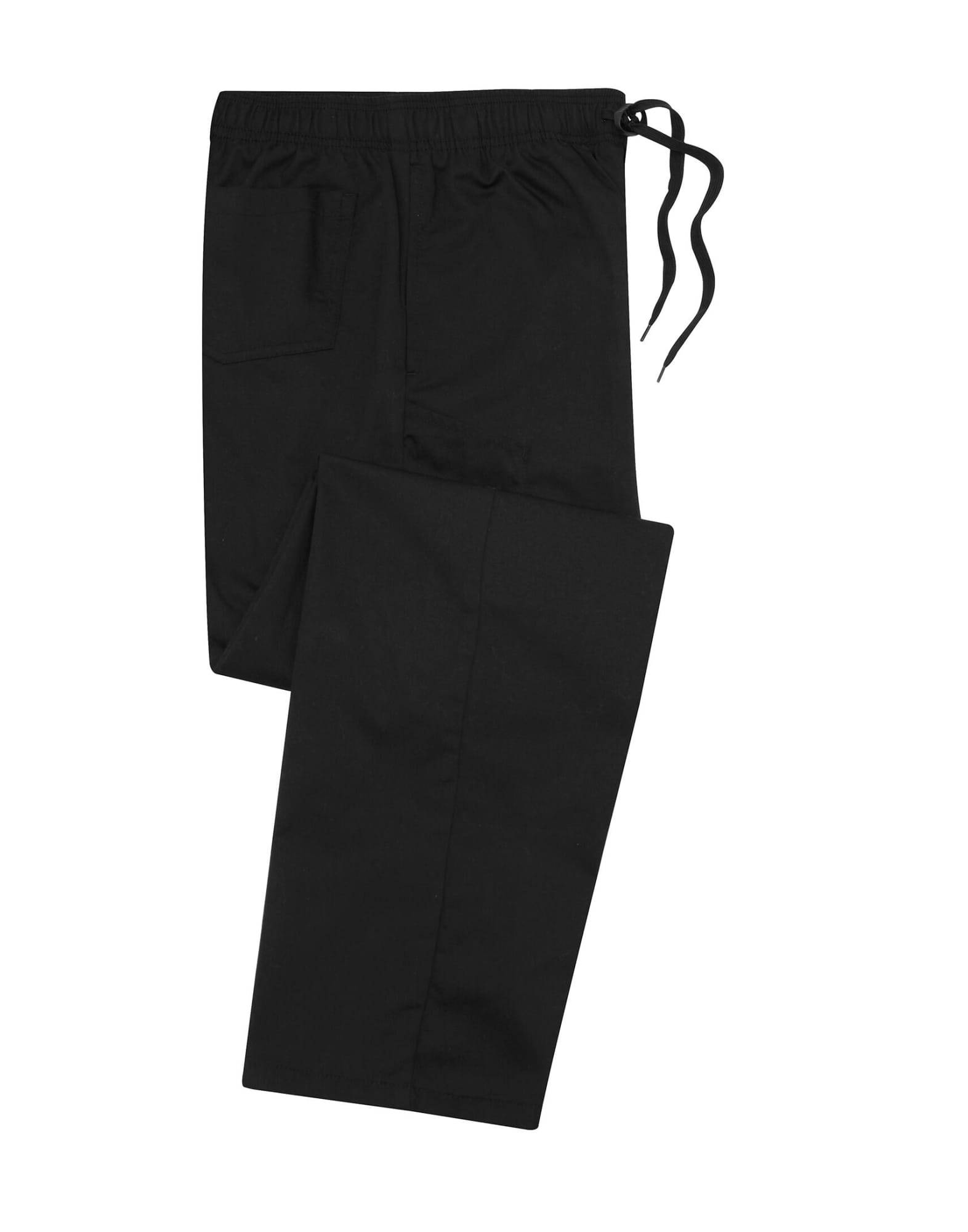 Black slim leg trousers with an elastic waistband and drawstring, featuring a side pocket. Chef's Select Slim Leg Trousers - Image 1
