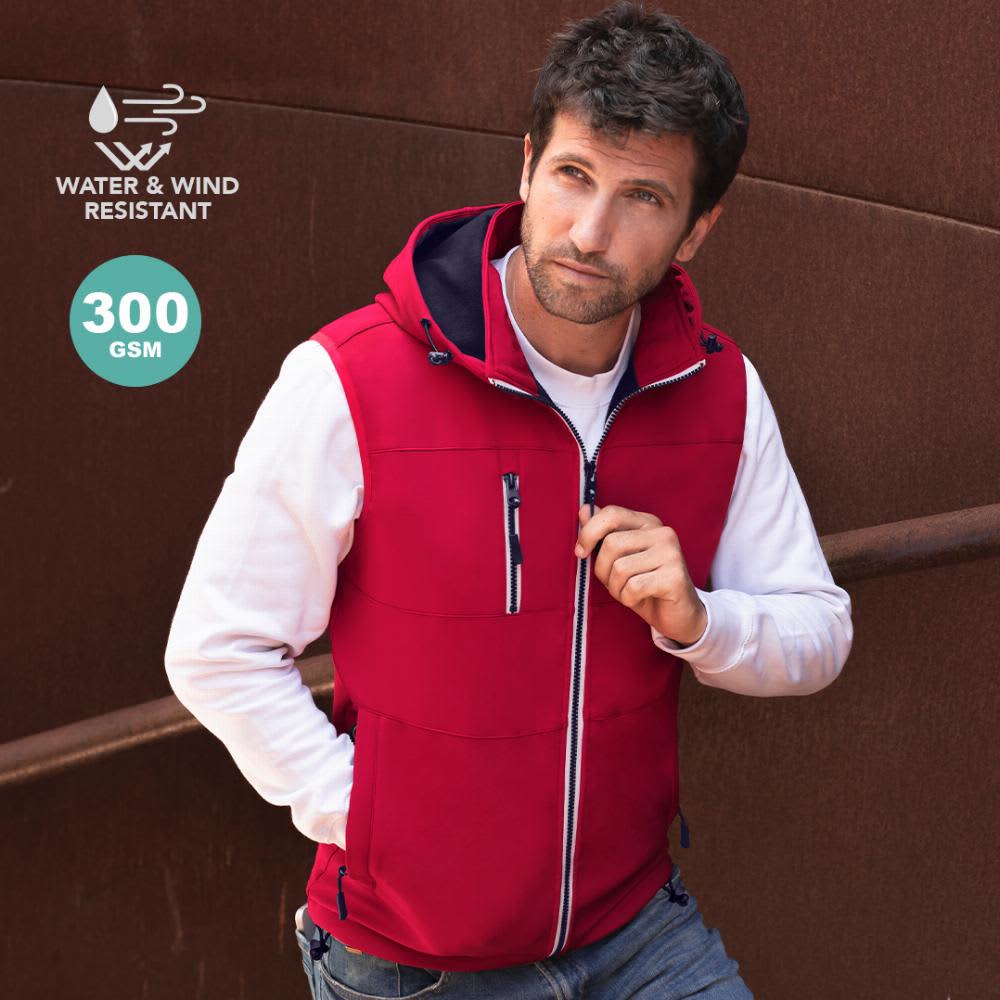 A red vest with a hood, featuring zippered pockets and a water and wind-resistant design. Seldon - Image 1