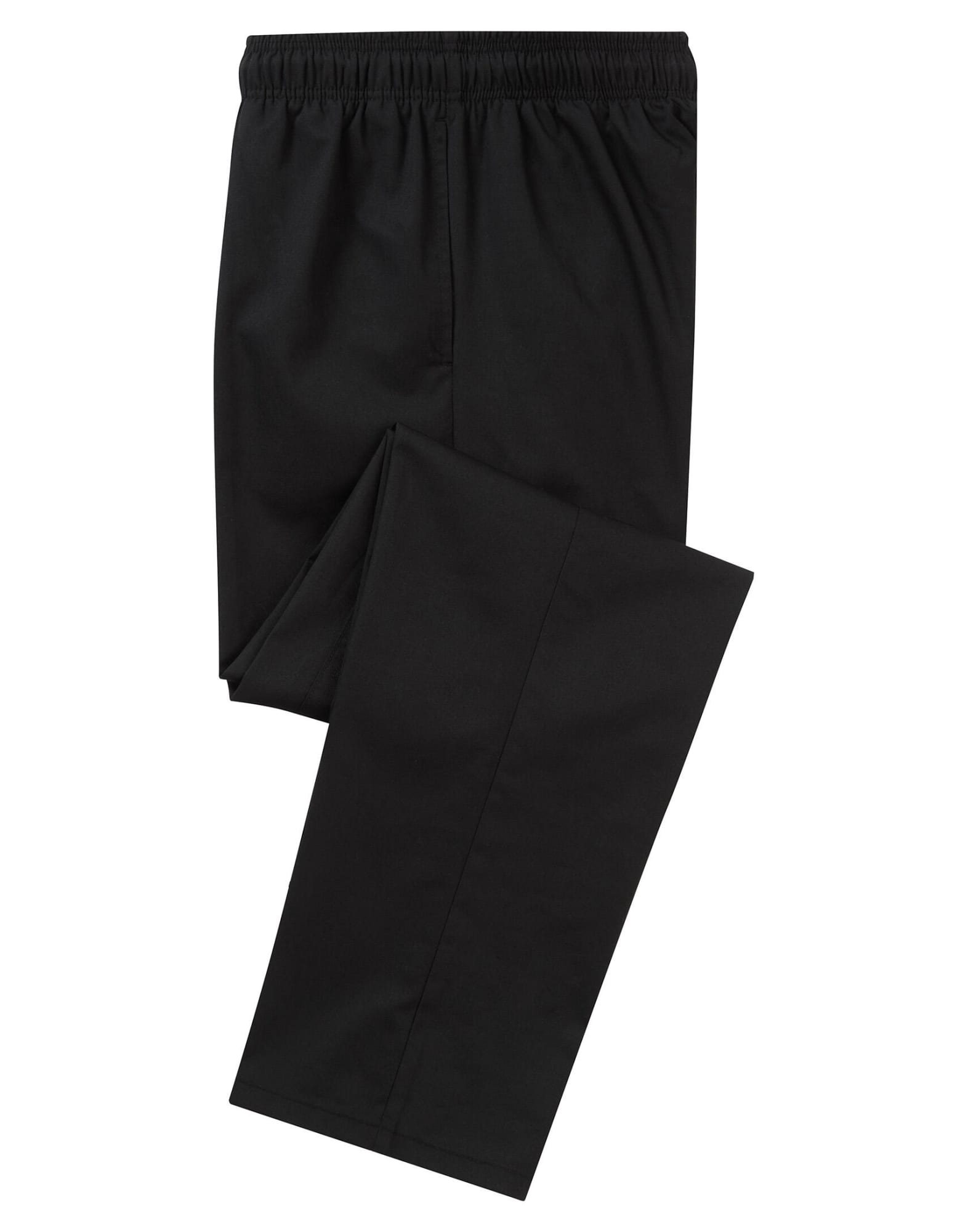 A pair of black cargo trousers with an elastic waistband, featuring multiple pockets and a logo. Chef's Essential Cargo Pocket Trousers - Image 1